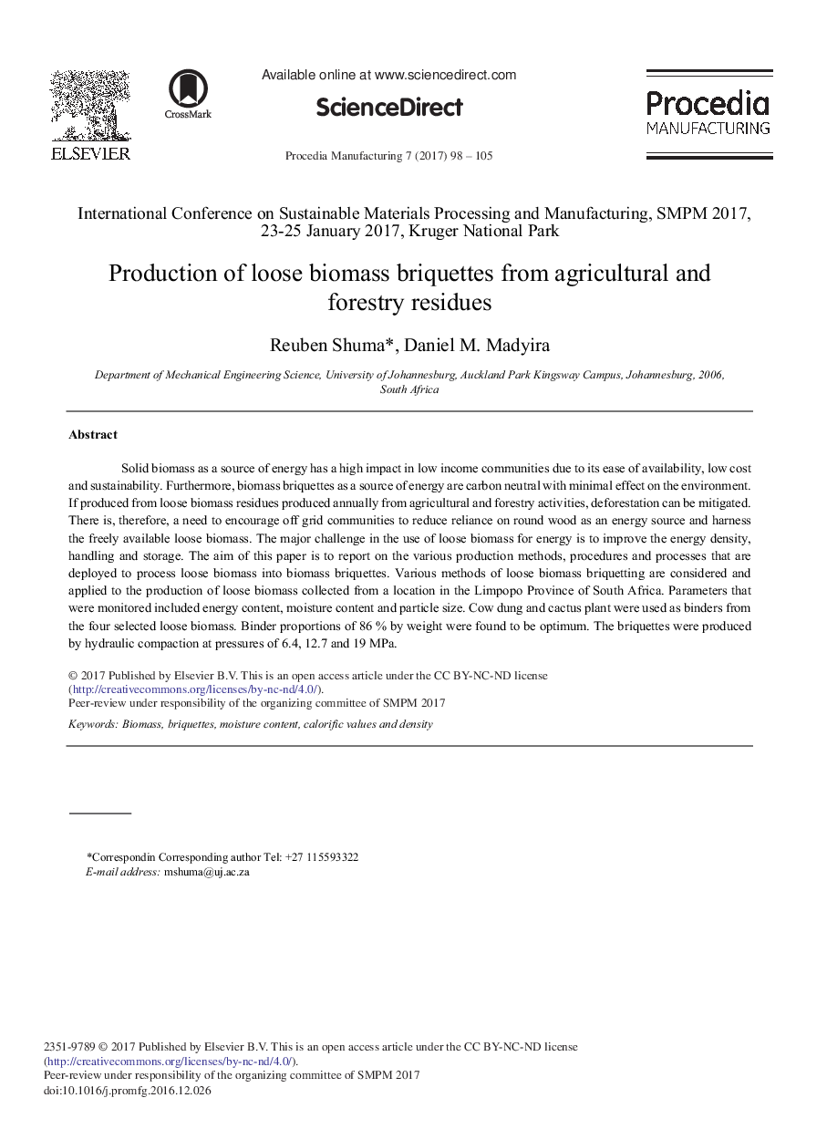 Production of Loose Biomass Briquettes from Agricultural and Forestry Residues