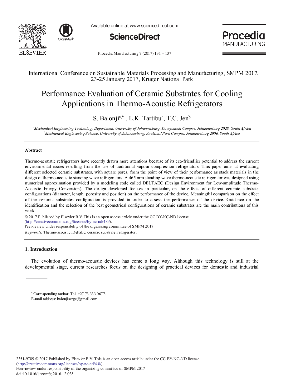 Performance Evaluation of Ceramic Substrates for Cooling Applications in Thermo-acoustic Refrigerators