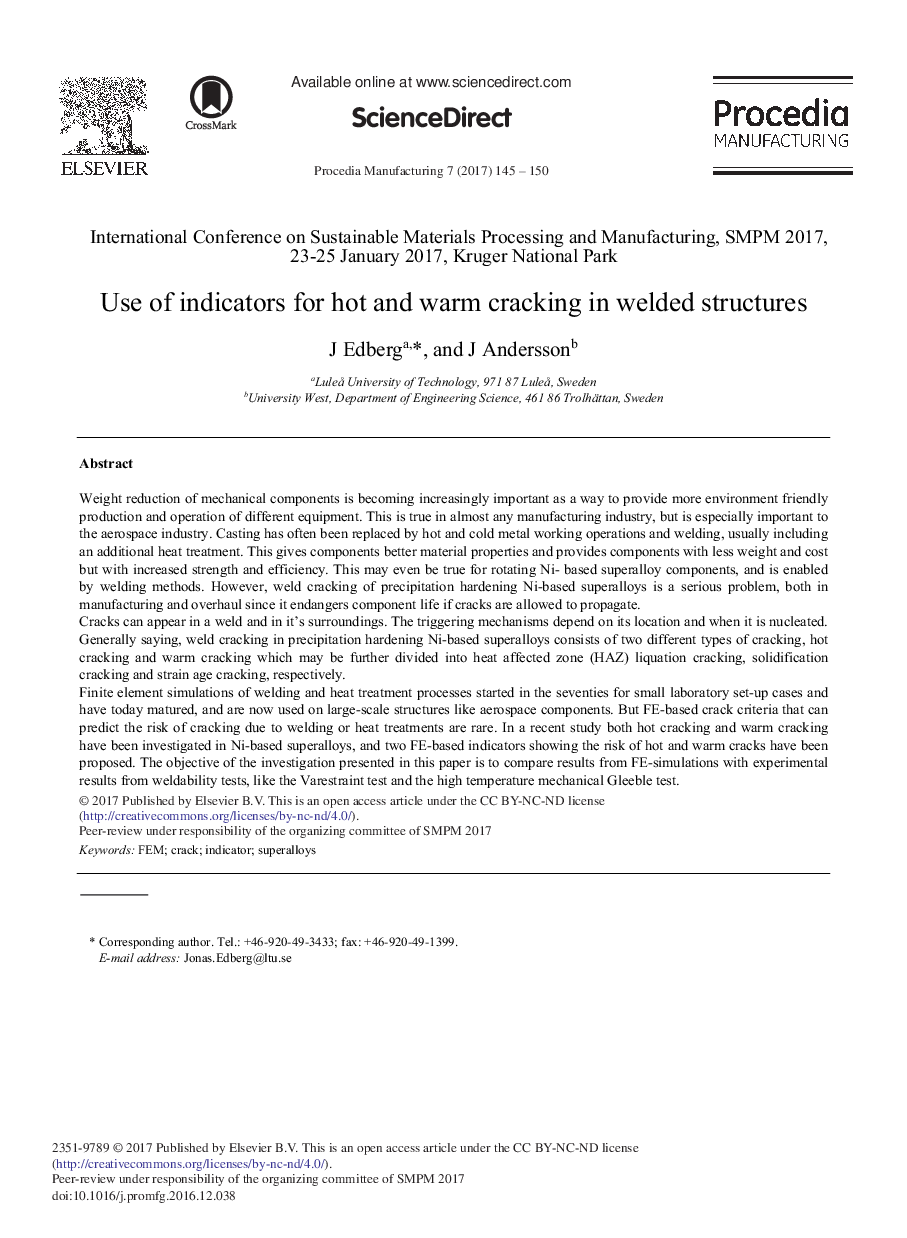 Use of Indicators for Hot and Warm Cracking in Welded Structures