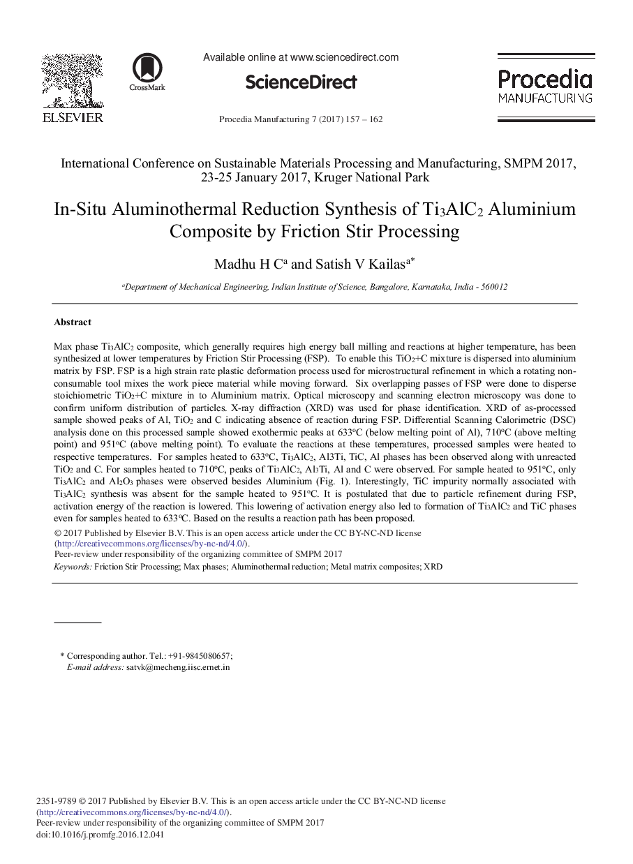 In-Situ Aluminothermal Reduction Synthesis of Ti3AlC2 Aluminium Composite by Friction Stir Processing