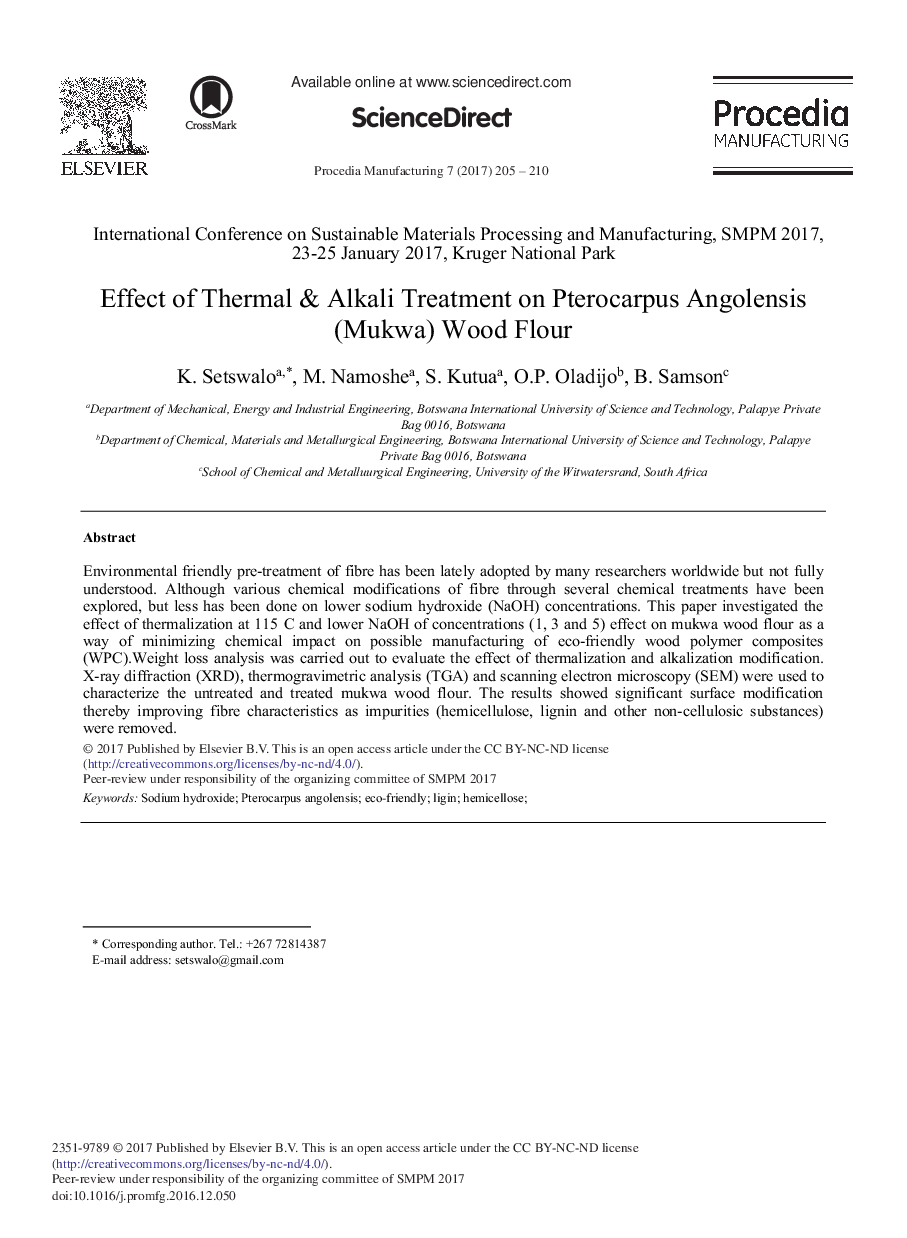 Effect of Thermal & Alkali Treatment on Pterocarpus Angolensis (Mukwa) Wood Flour