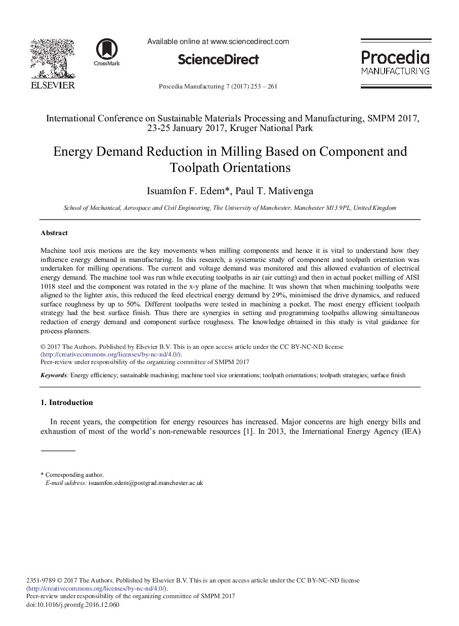 Energy Demand Reduction in Milling Based on Component and Toolpath Orientations