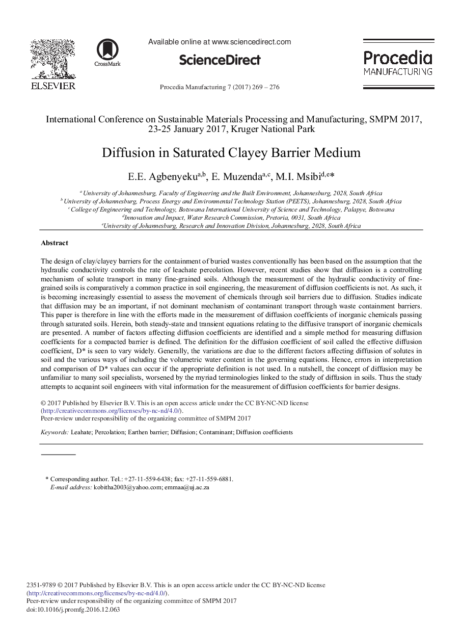 Diffusion in Saturated Clayey Barrier Medium