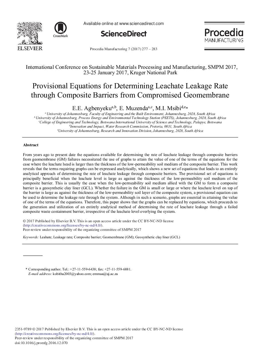 Provisional Equations for Determining Leachate Leakage Rate through Composite Barriers from Compromised Geomembrane