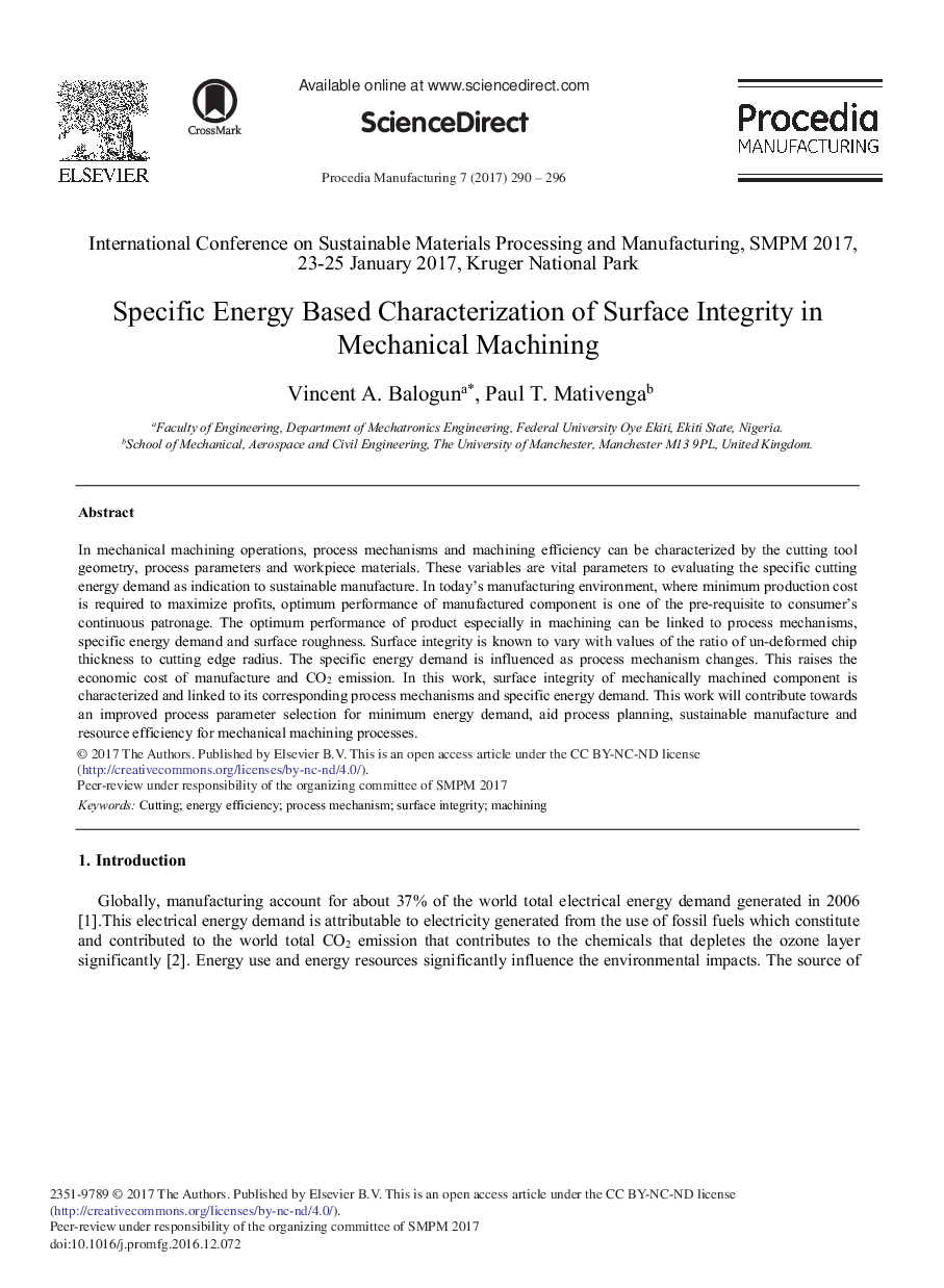 Specific Energy Based Characterization of Surface Integrity in Mechanical Machining