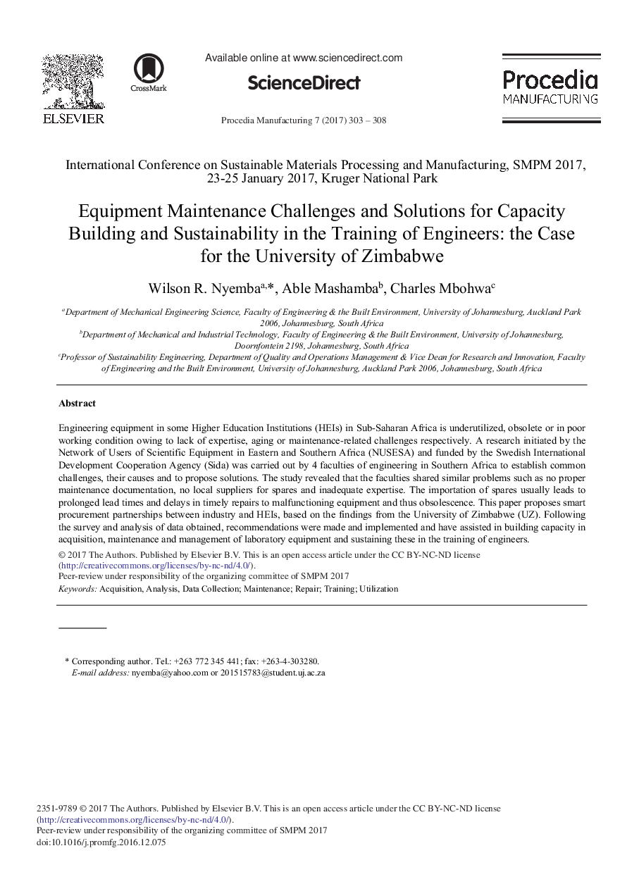 Equipment Maintenance Challenges and Solutions for Capacity Building and Sustainability in the Training of Engineers: The Case for the University of Zimbabwe