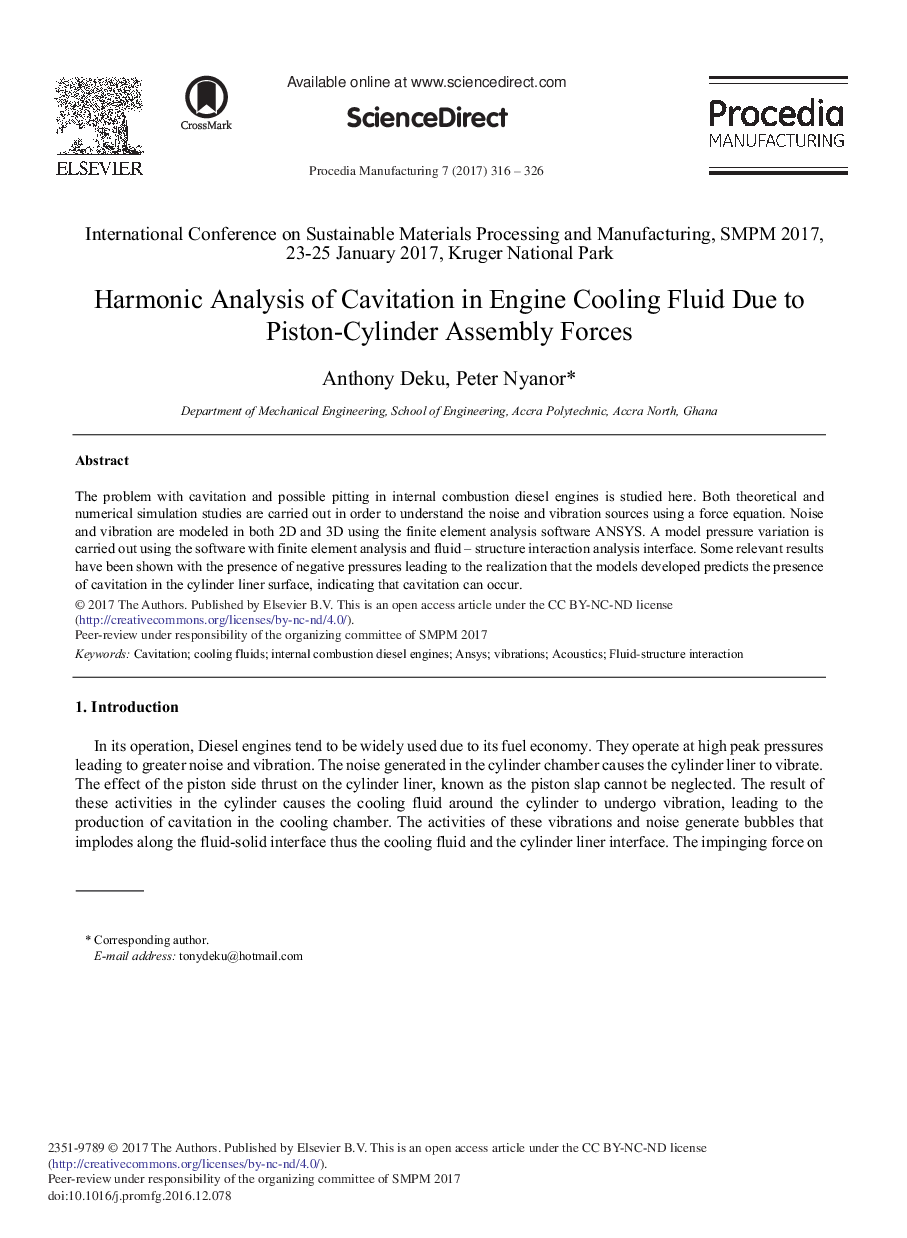 Harmonic Analysis of Cavitation in Engine Cooling Fluid Due to Piston-cylinder Assembly Forces