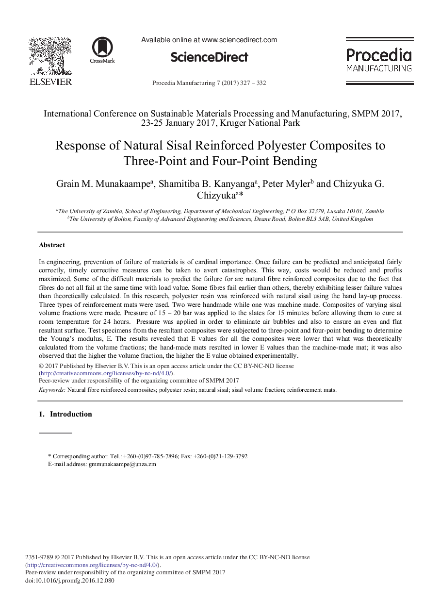 Response of Natural Sisal Reinforced Polyester Composites to Three-point and Four-point Bending