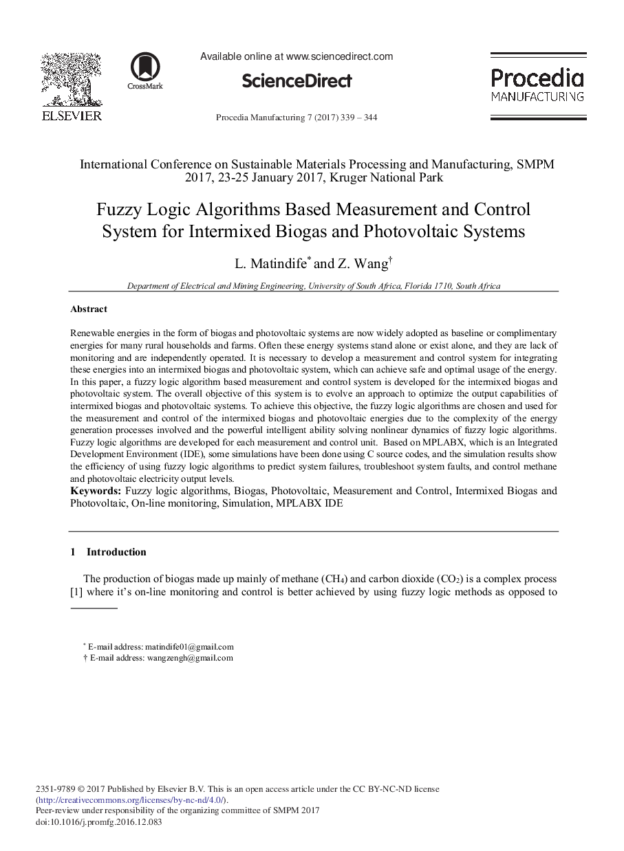 Fuzzy Logic Algorithms Based Measurement and Control System for Intermixed Biogas and Photovoltaic Systems