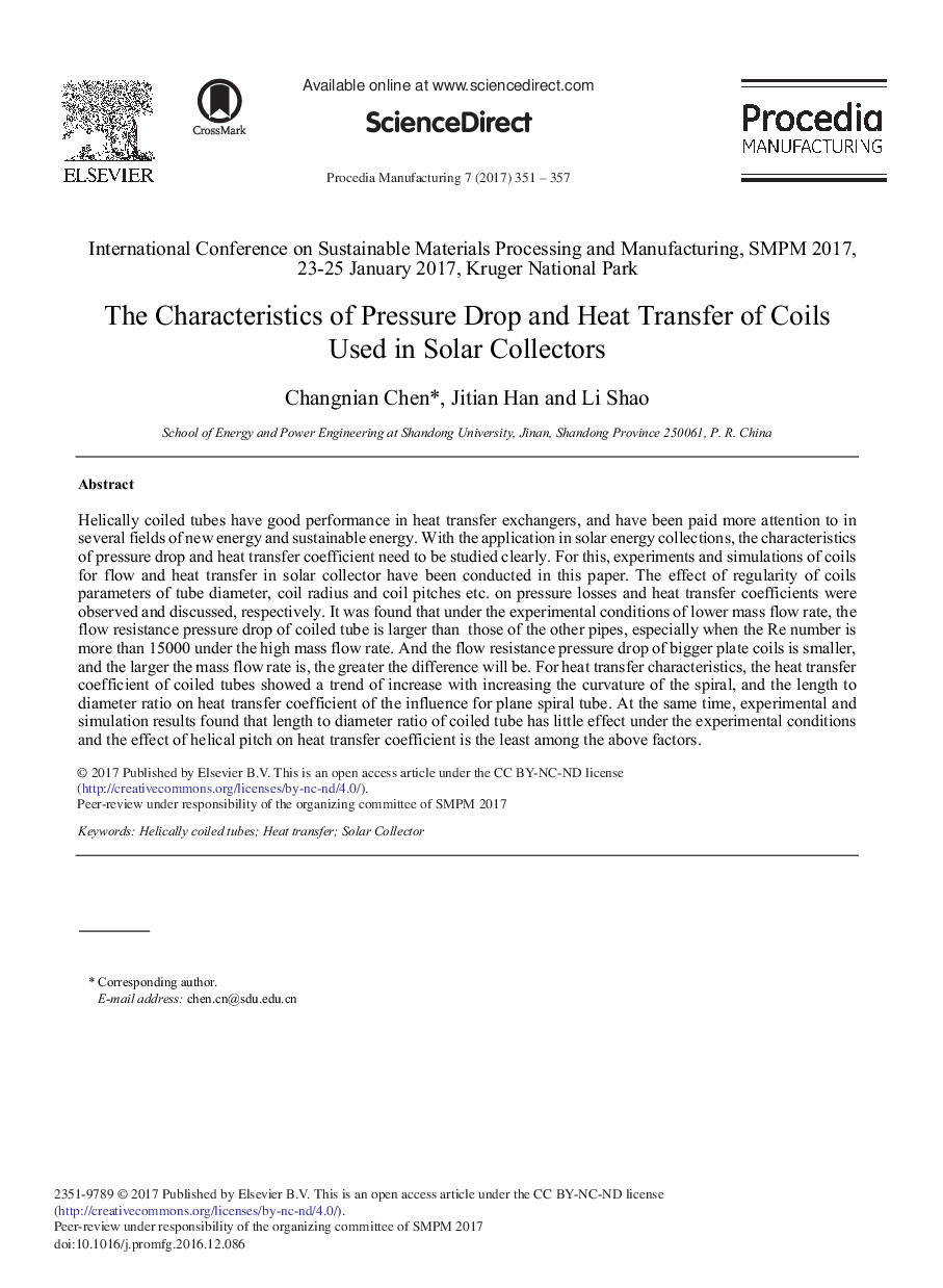 The Characteristics of Pressure Drop and Heat Transfer of Coils Used in Solar Collectors