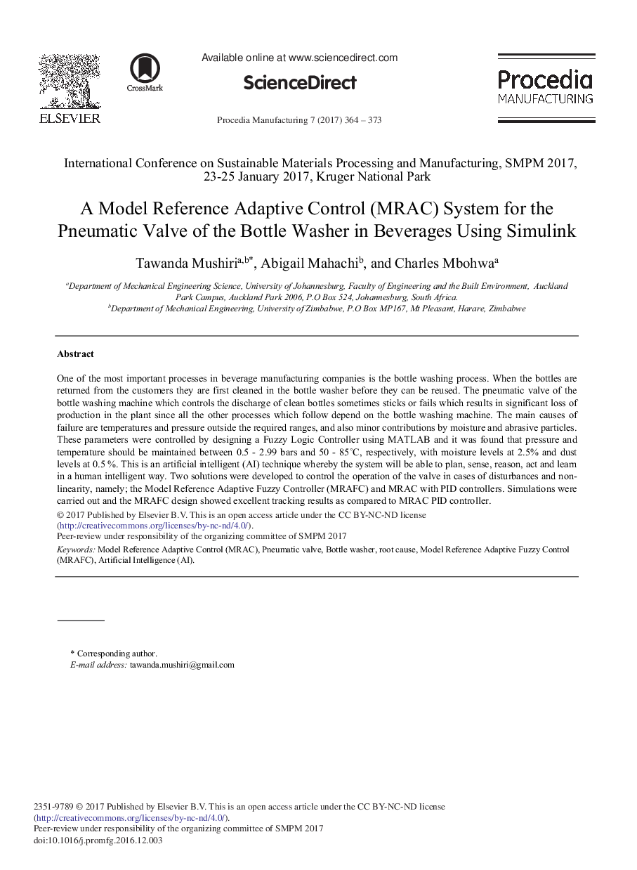 A Model Reference Adaptive Control (MRAC) System for the Pneumatic Valve of the Bottle Washer in Beverages Using Simulink