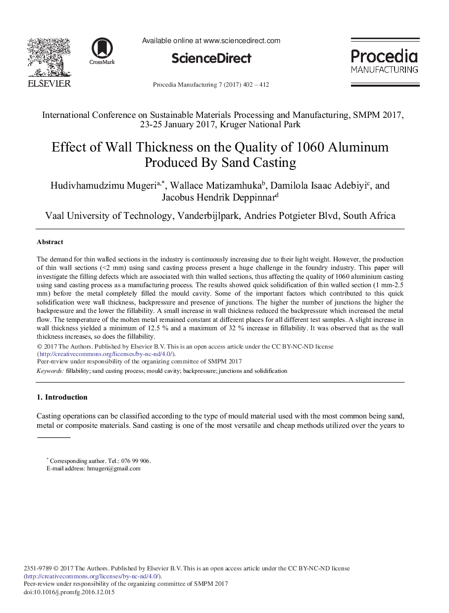 Effect of Wall Thickness on the Quality of 1060 Aluminum Produced by Sand Casting