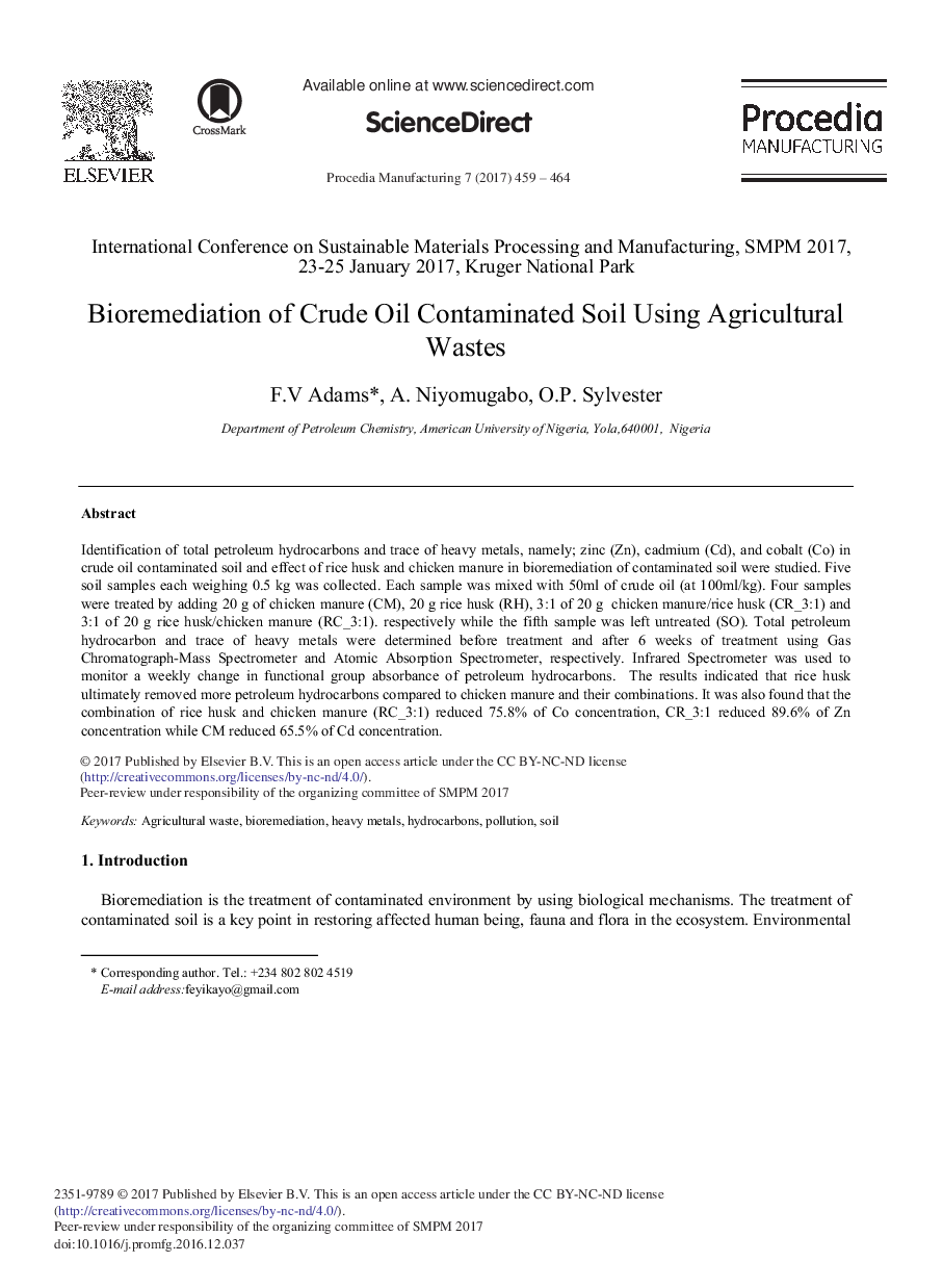 Bioremediation of Crude Oil Contaminated Soil Using Agricultural Wastes