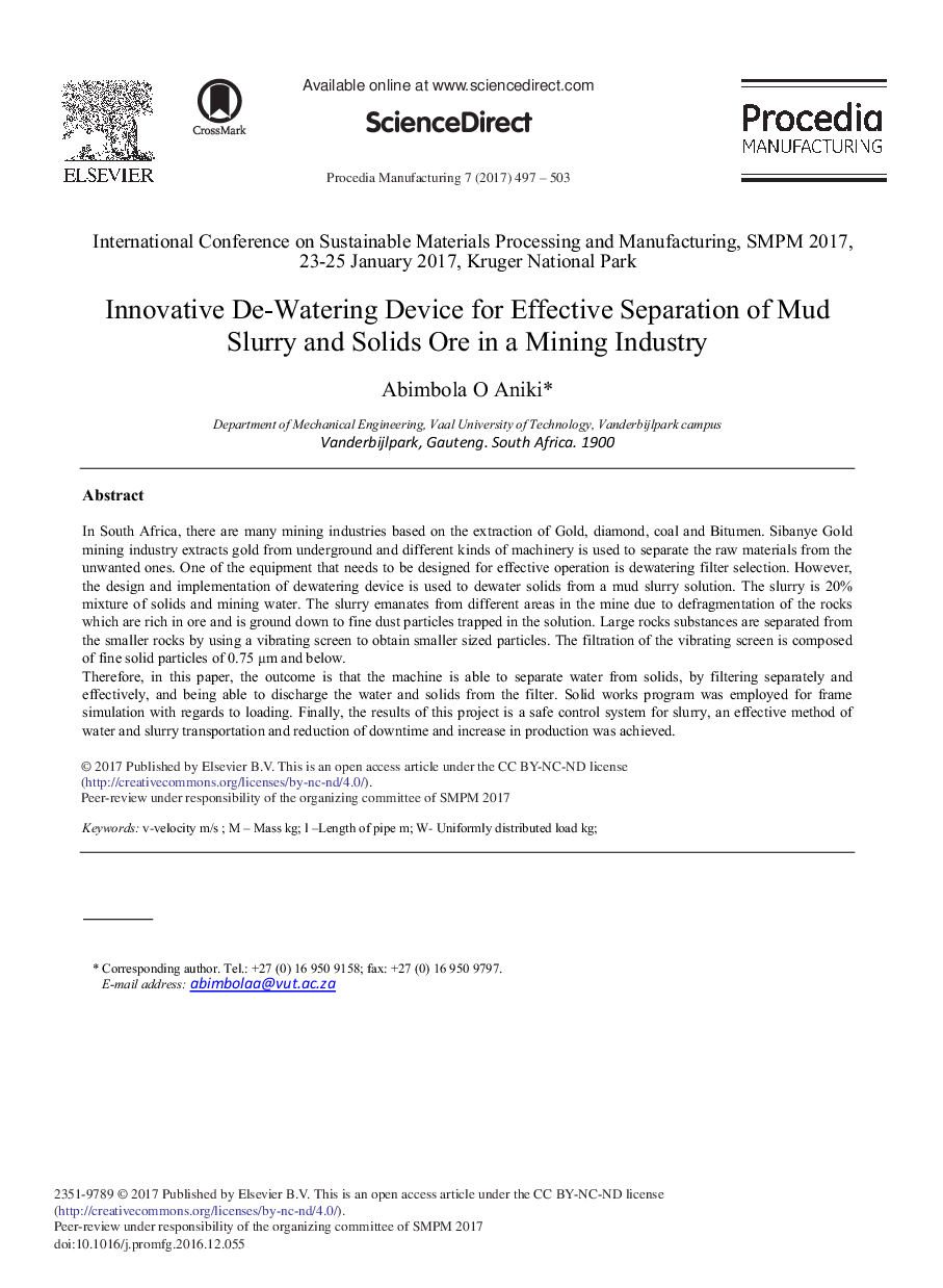 Innovative De-Watering Device for Effective Separation of Mud Slurry and Solids Ore in a Mining Industry