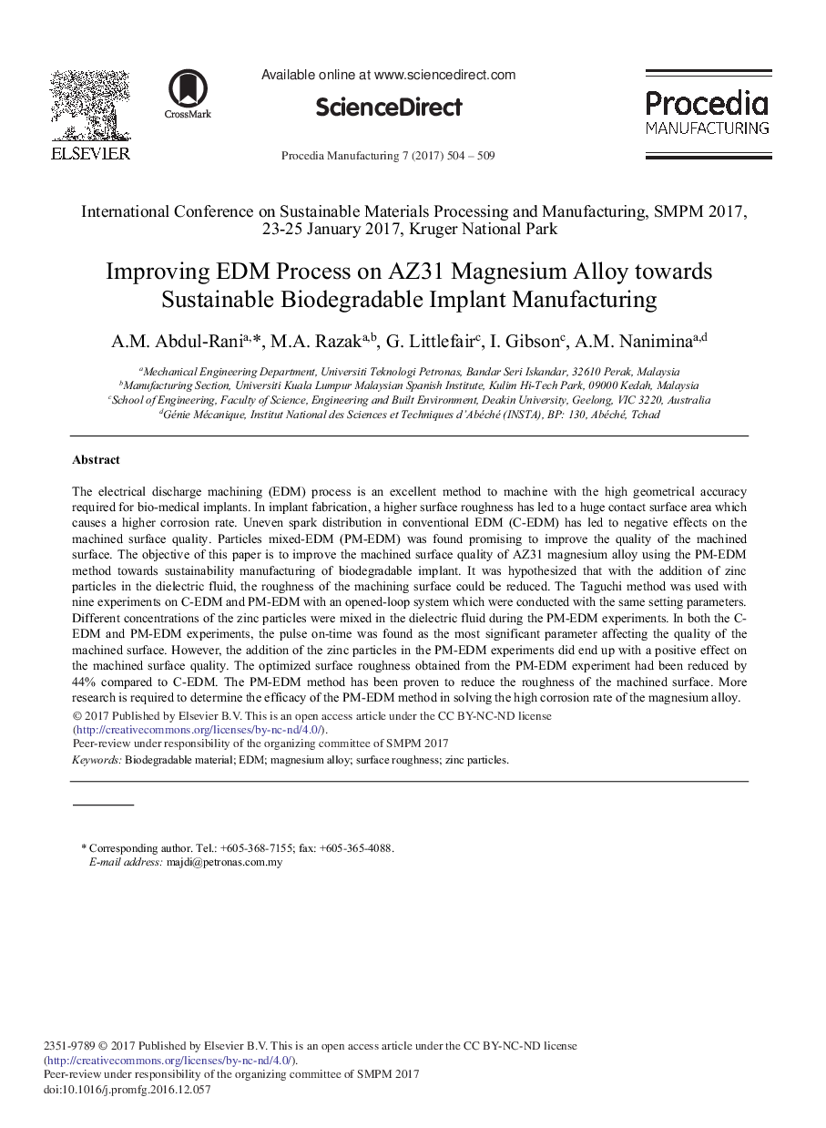 Improving EDM Process on AZ31 Magnesium Alloy towards Sustainable Biodegradable Implant Manufacturing