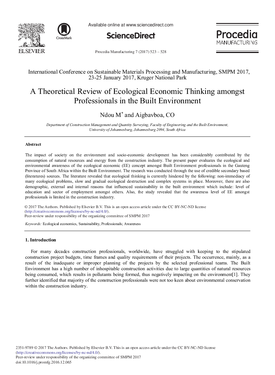 A Theoretical Review of Ecological Economic Thinking amongst Professionals in the Built Environment