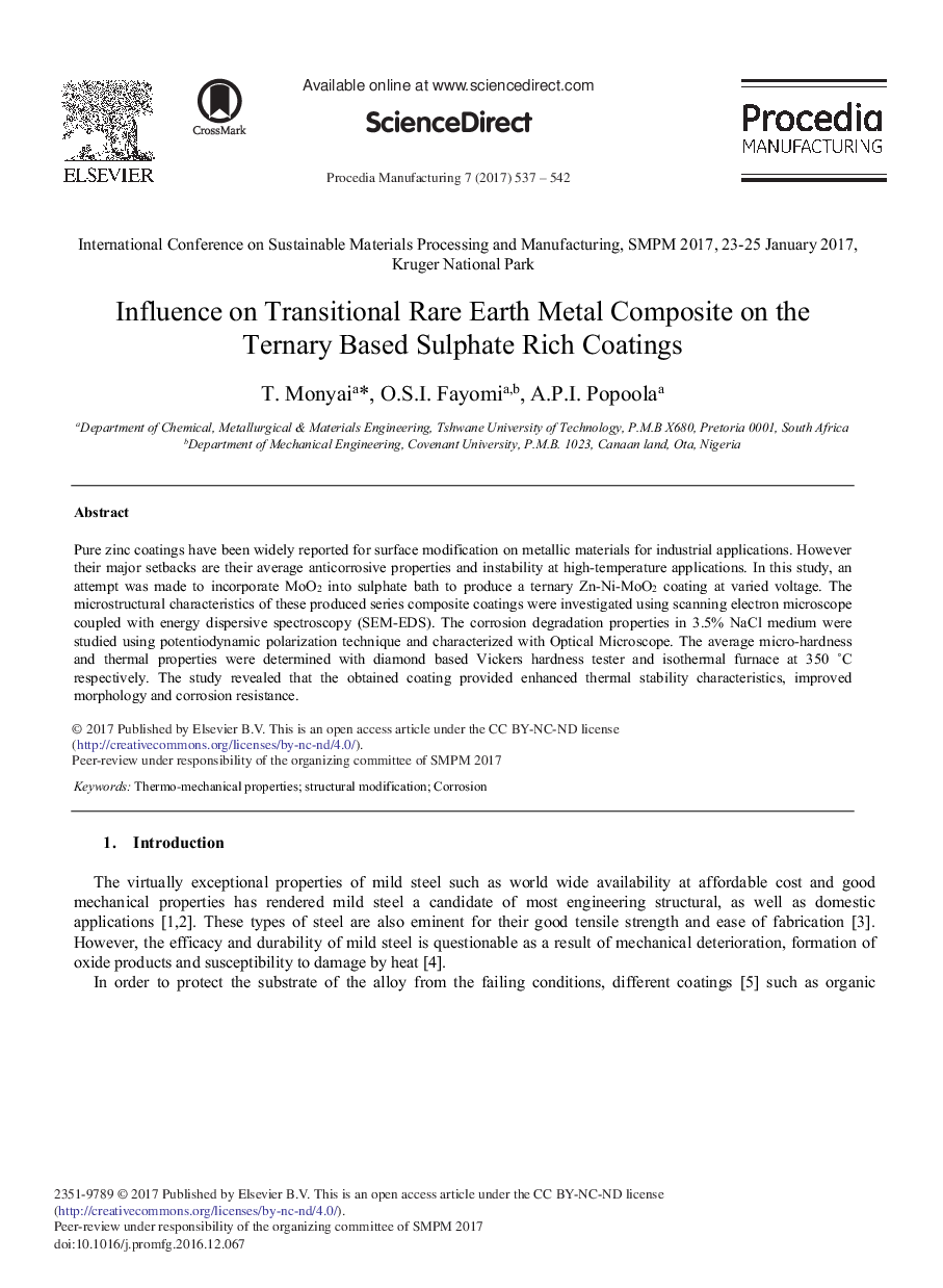 Influence on Transitional Rare Earth Metal Composite on the Ternary Based Sulphate Rich Coatings