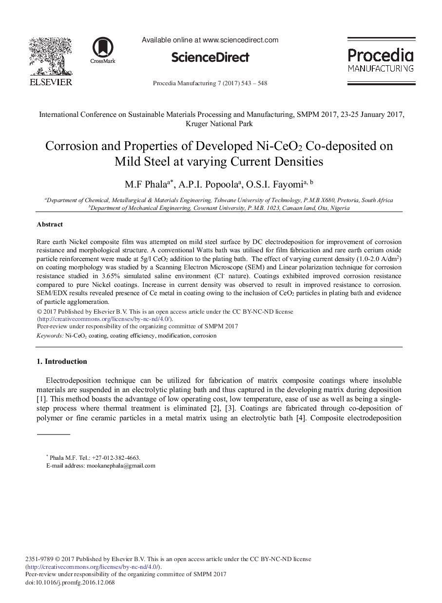 Corrosion and Properties of Developed Ni-CeO2 Co-deposited on Mild Steel at Varying Current Densities