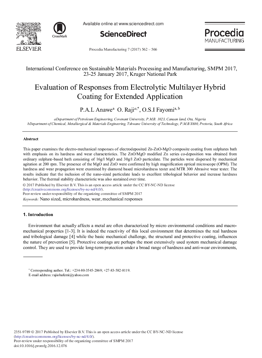 Evaluation of Responses from Electrolytic Multilayer Hybrid Coating for Extended Application