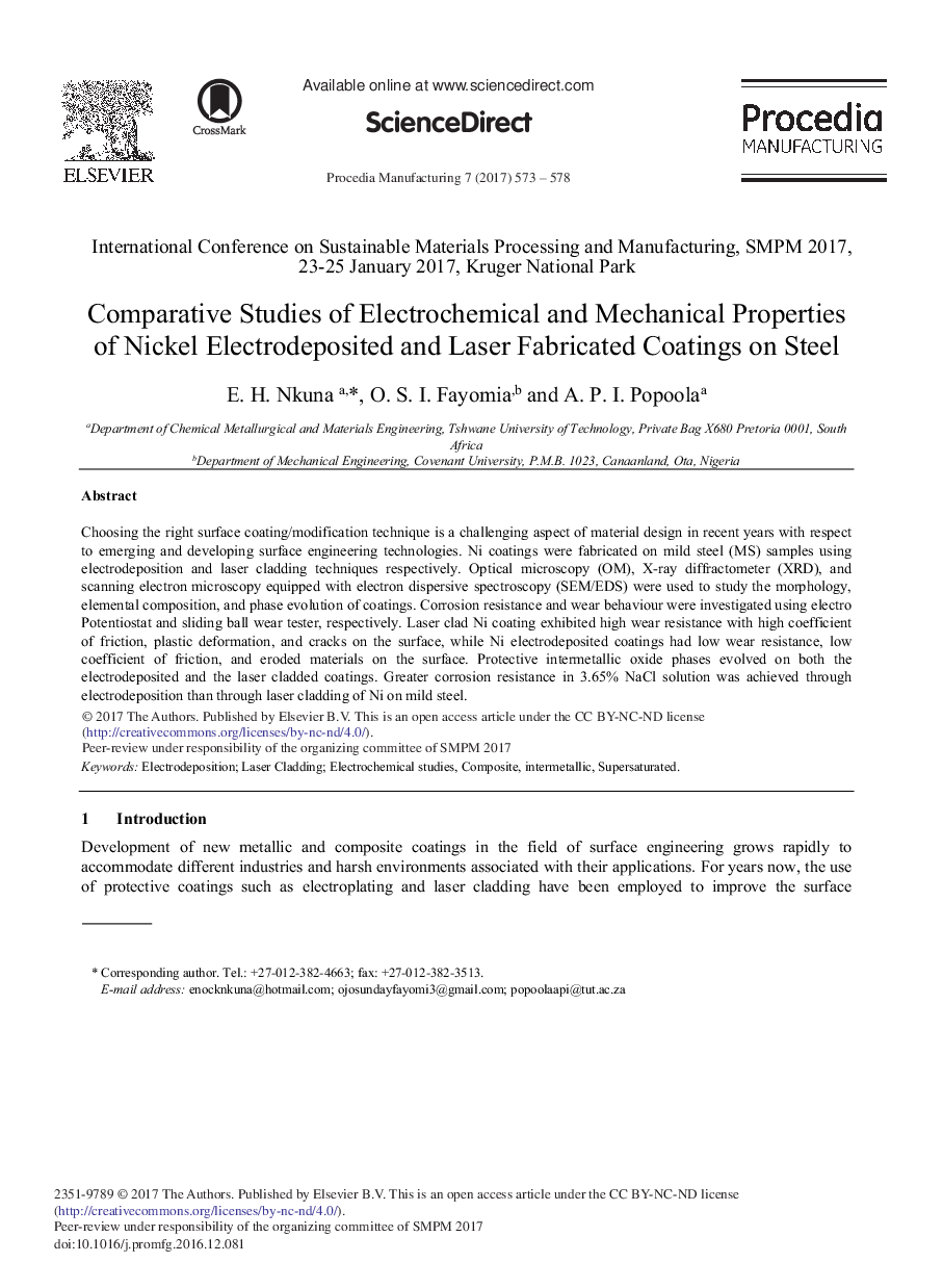 Comparative Studies of Electrochemical and Mechanical Properties of Nickel Electrodeposited and Laser Fabricated Coatings on Steel