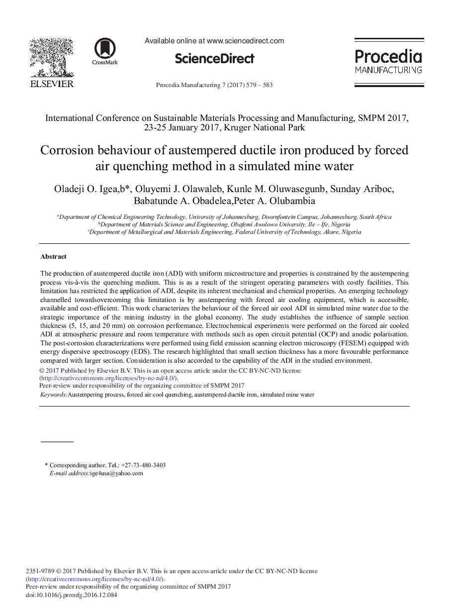 Corrosion Behaviour of Austempered Ductile Iron Produced by Forced Air Quenching Method in a Simulated Mine Water