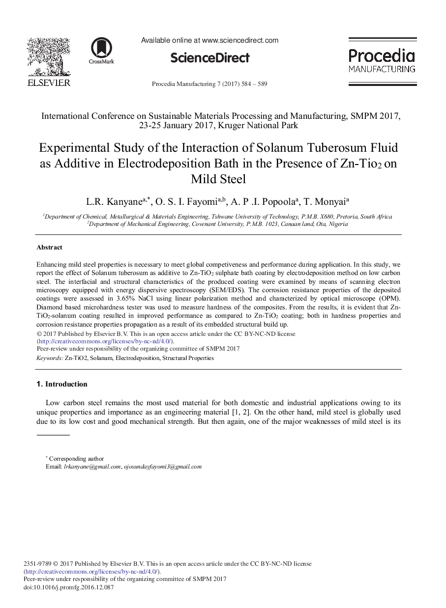 Experimental Study of the Interaction of Solanum Tuberosum Fluid as Additive in Electrodeposition Bath in the Presence of Zn-Tio2 on Mild Steel