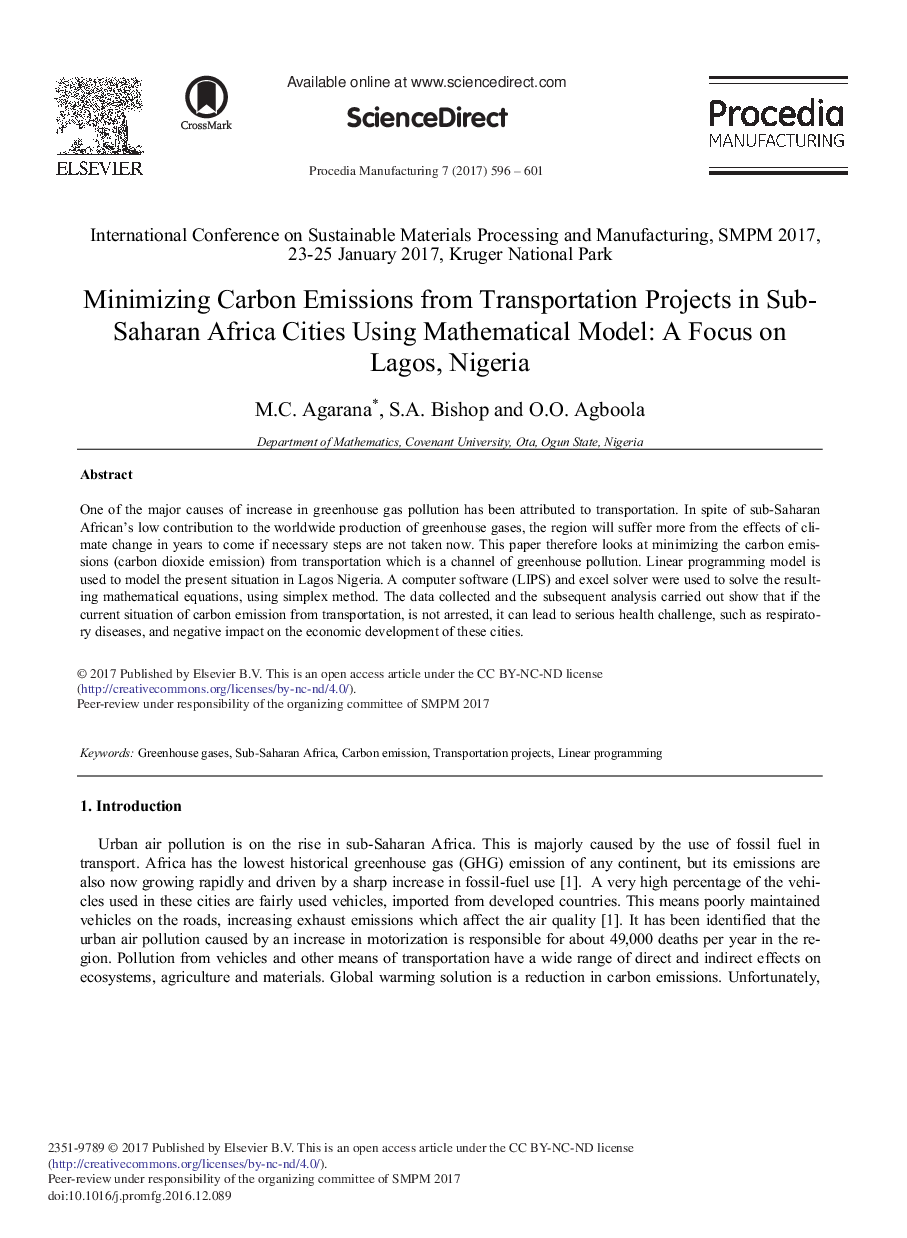 Minimizing Carbon Emissions from Transportation Projects in Sub-saharan Africa Cities Using Mathematical Model: A Focus on Lagos, Nigeria