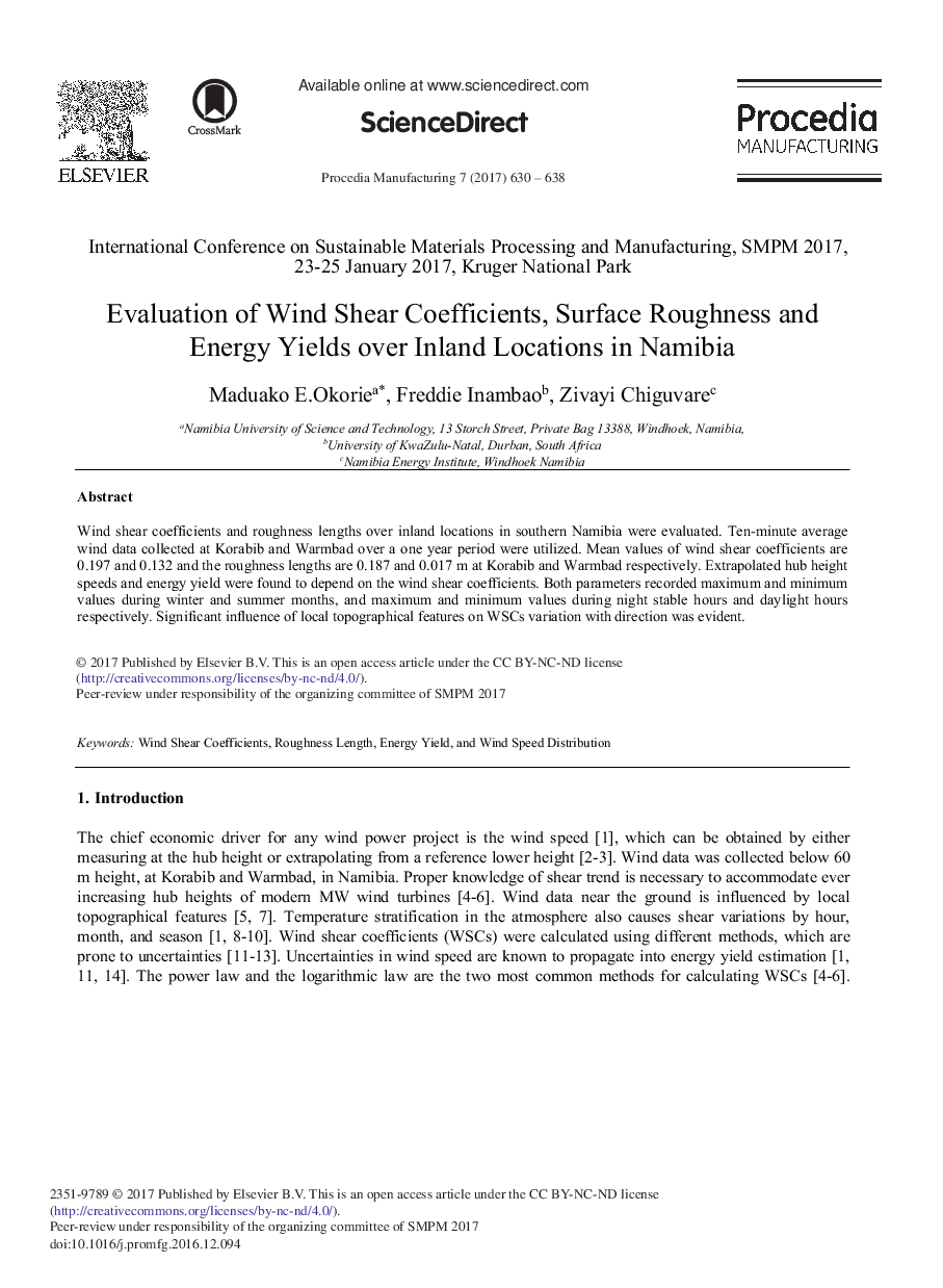 Evaluation of Wind Shear Coefficients, Surface Roughness and Energy Yields over Inland Locations in Namibia