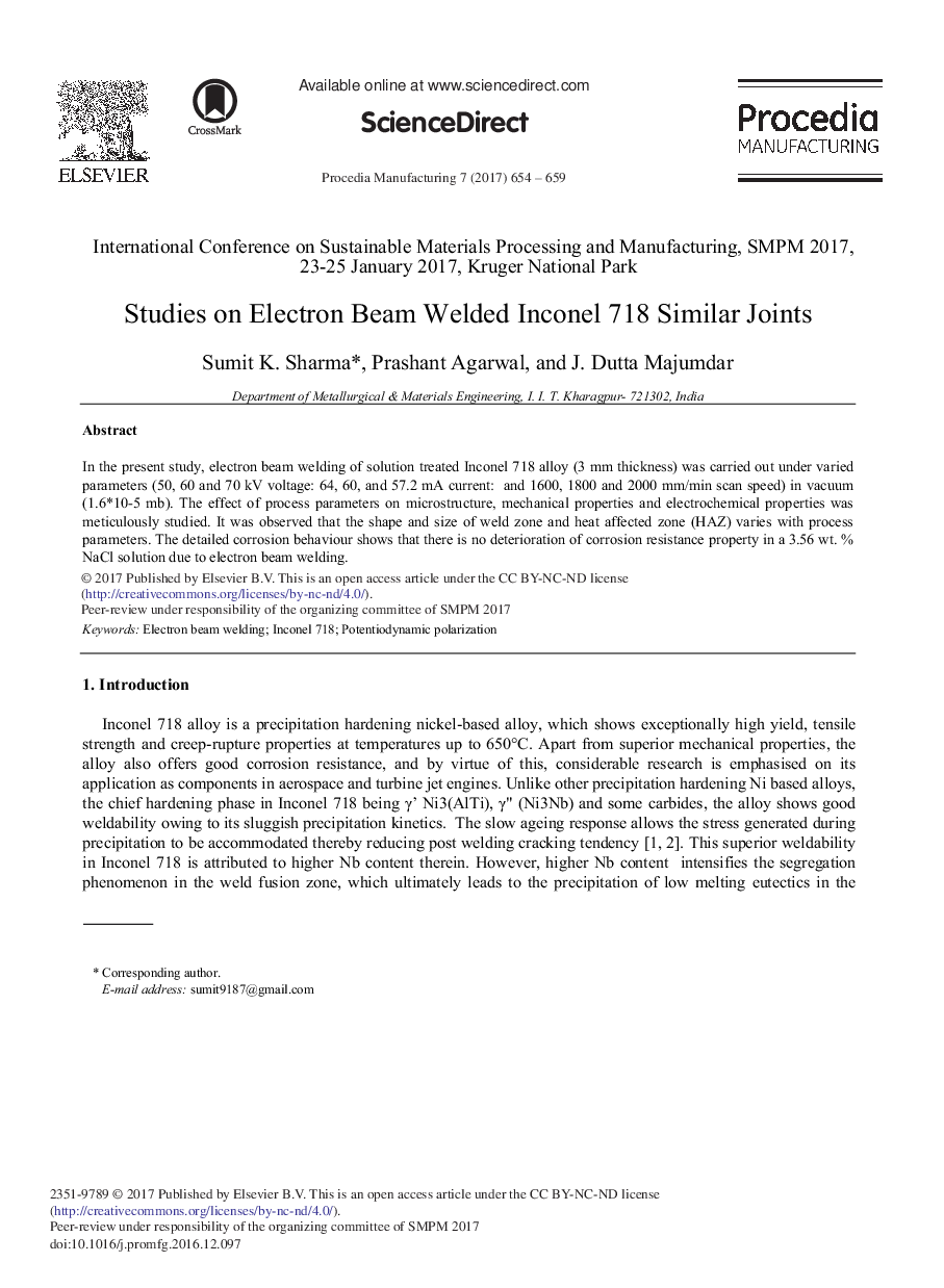 Studies on Electron Beam Welded Inconel 718 Similar Joints