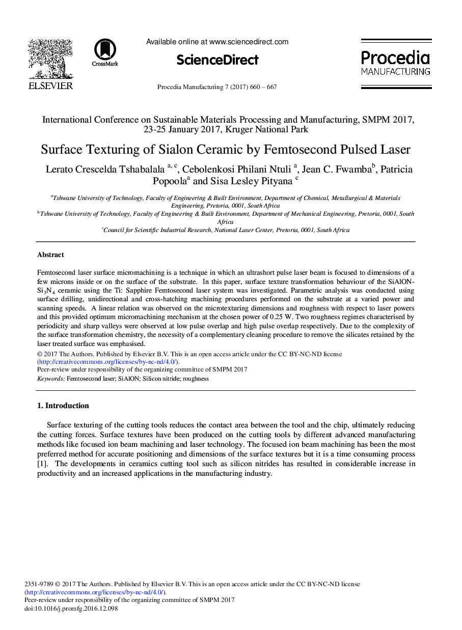 Surface Texturing of Sialon Ceramic by Femtosecond Pulsed Laser