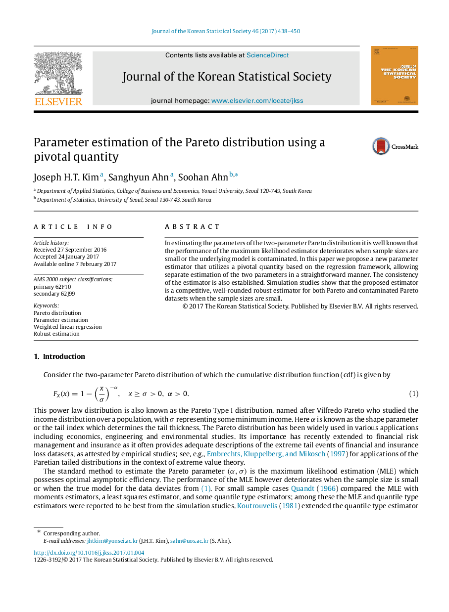 Parameter estimation of the Pareto distribution using a pivotal quantity