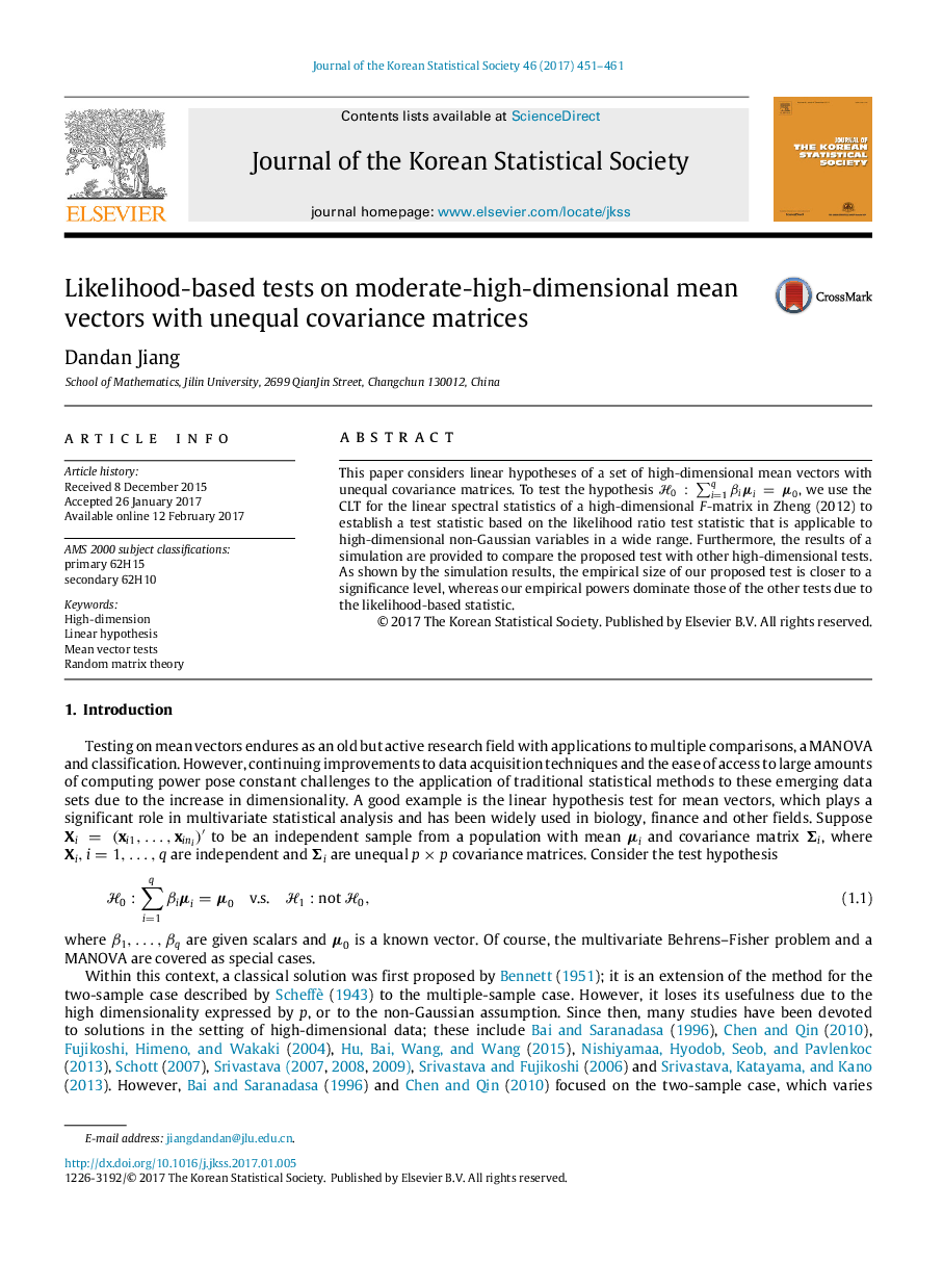 عکس صفحه اول مقاله: Likelihood-based tests on moderate-high-dimensional mean vectors with unequal covariance matrices Likelihood-based tests on moderate-high-dimensional mean vectors with unequal covariance matrices