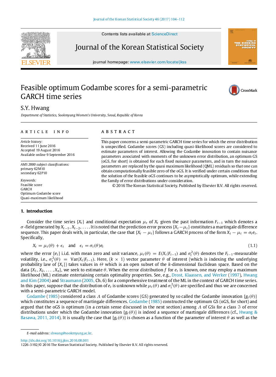 Feasible optimum Godambe scores for a semi-parametric GARCH time series