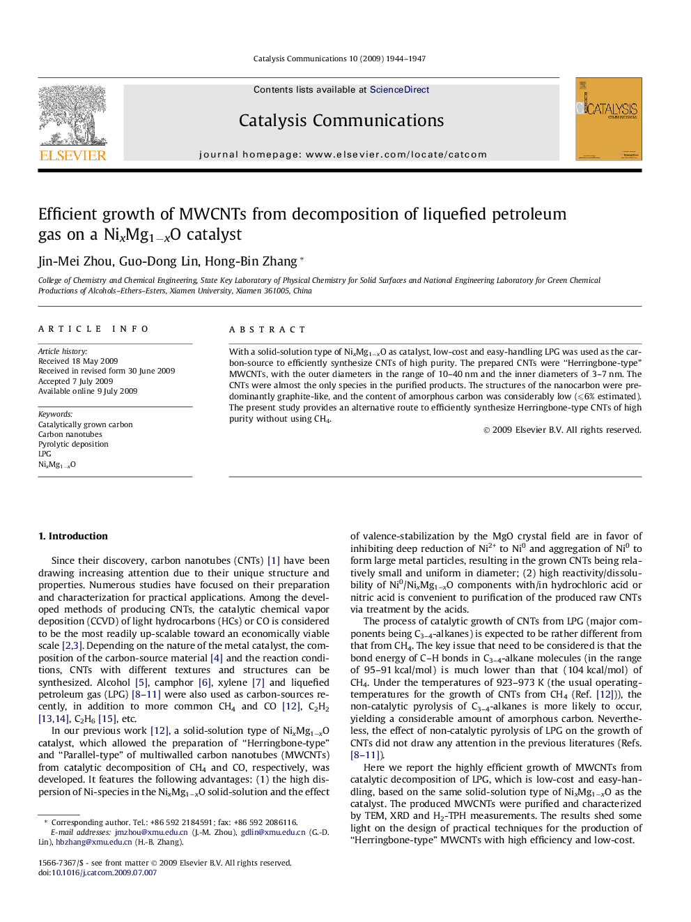 Efficient growth of MWCNTs from decomposition of liquefied petroleum gas on a NixMg1−xO catalyst