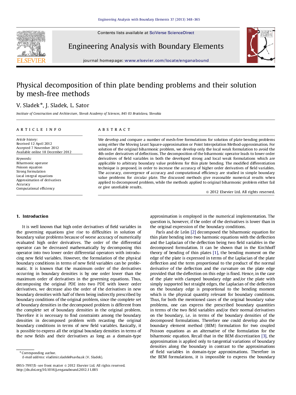 Physical decomposition of thin plate bending problems and their solution by mesh-free methods