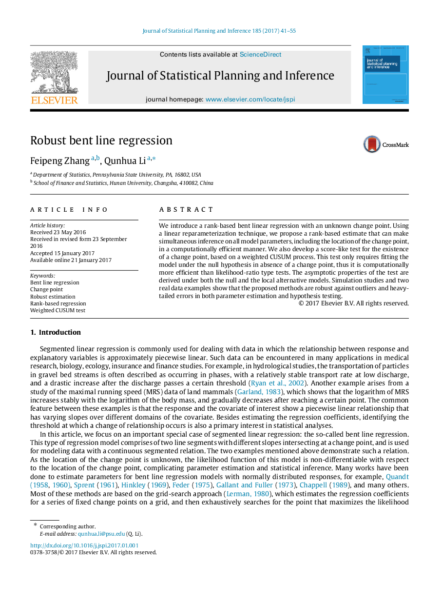 Robust bent line regression