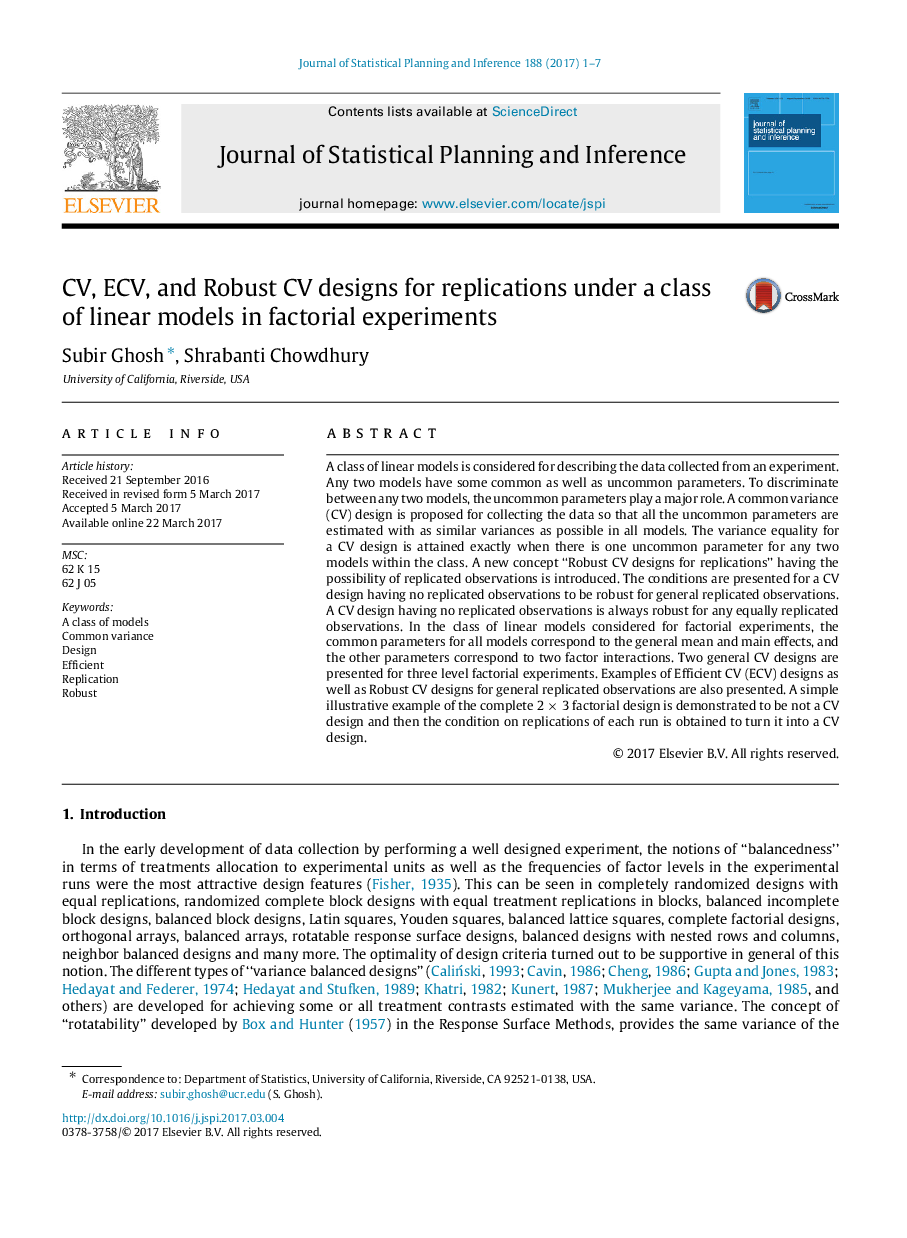 CV, ECV, and Robust CV designs for replications under a class of linear models in factorial experiments