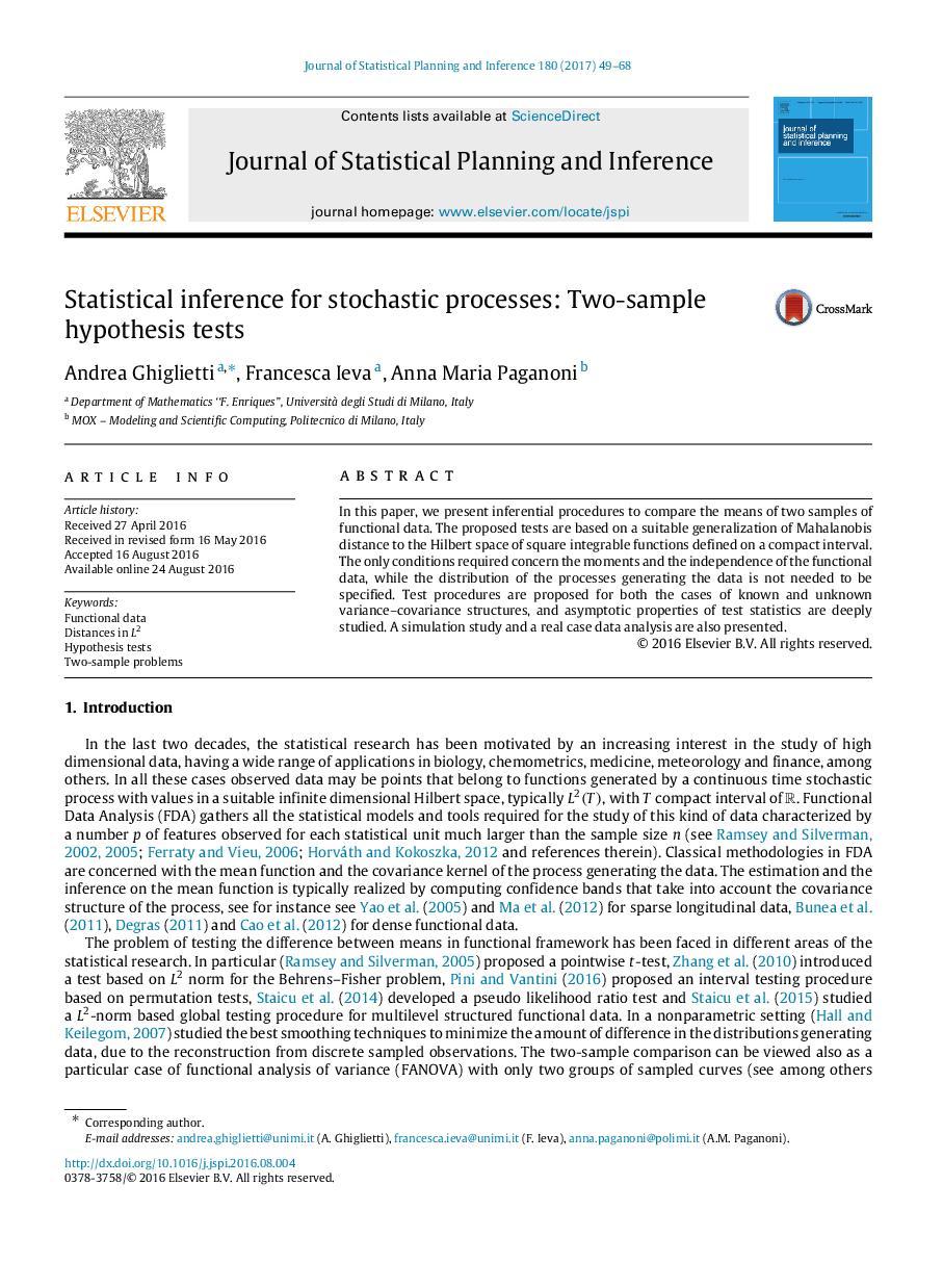 Statistical inference for stochastic processes: Two-sample hypothesis tests