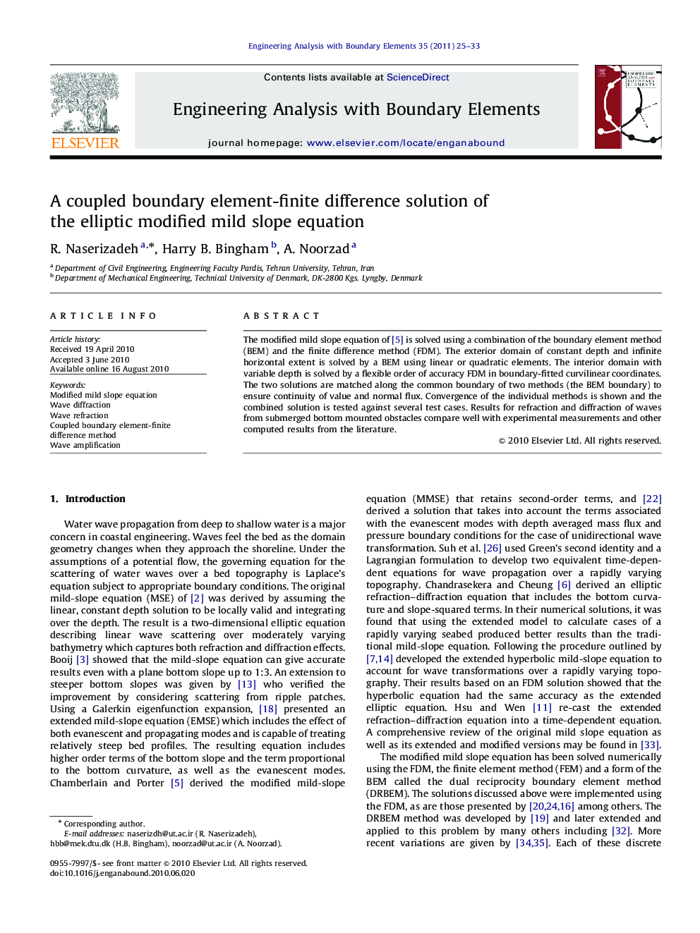 A coupled boundary element-finite difference solution of the elliptic modified mild slope equation