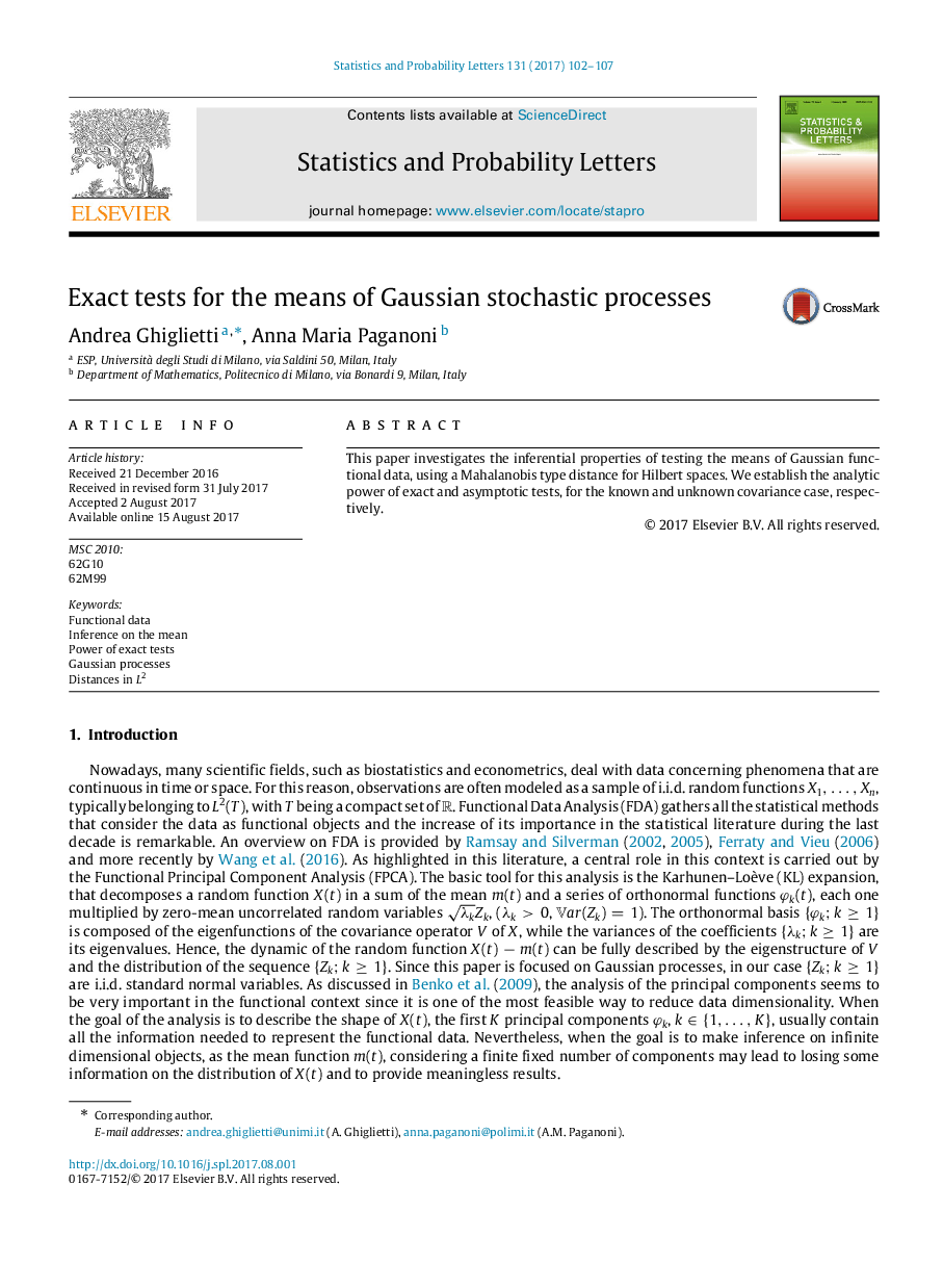 Exact tests for the means of Gaussian stochastic processes