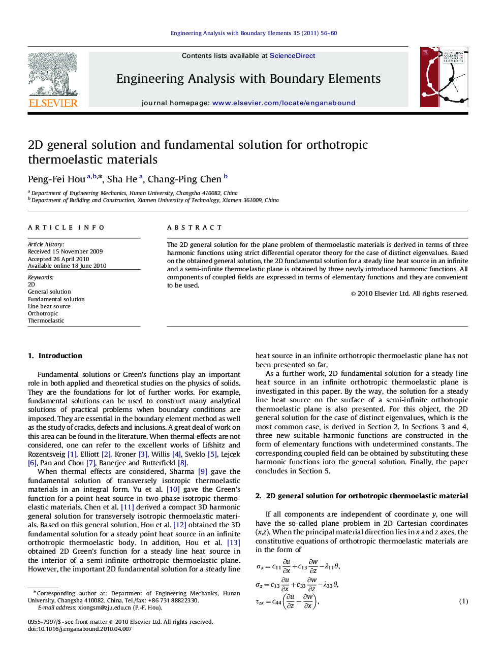 2D general solution and fundamental solution for orthotropic thermoelastic materials