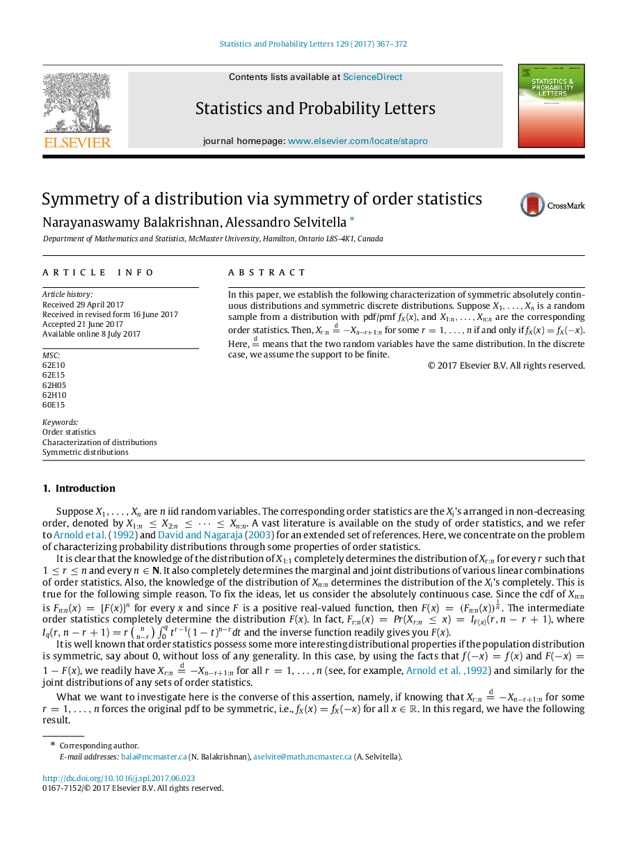 Symmetry of a distribution via symmetry of order statistics