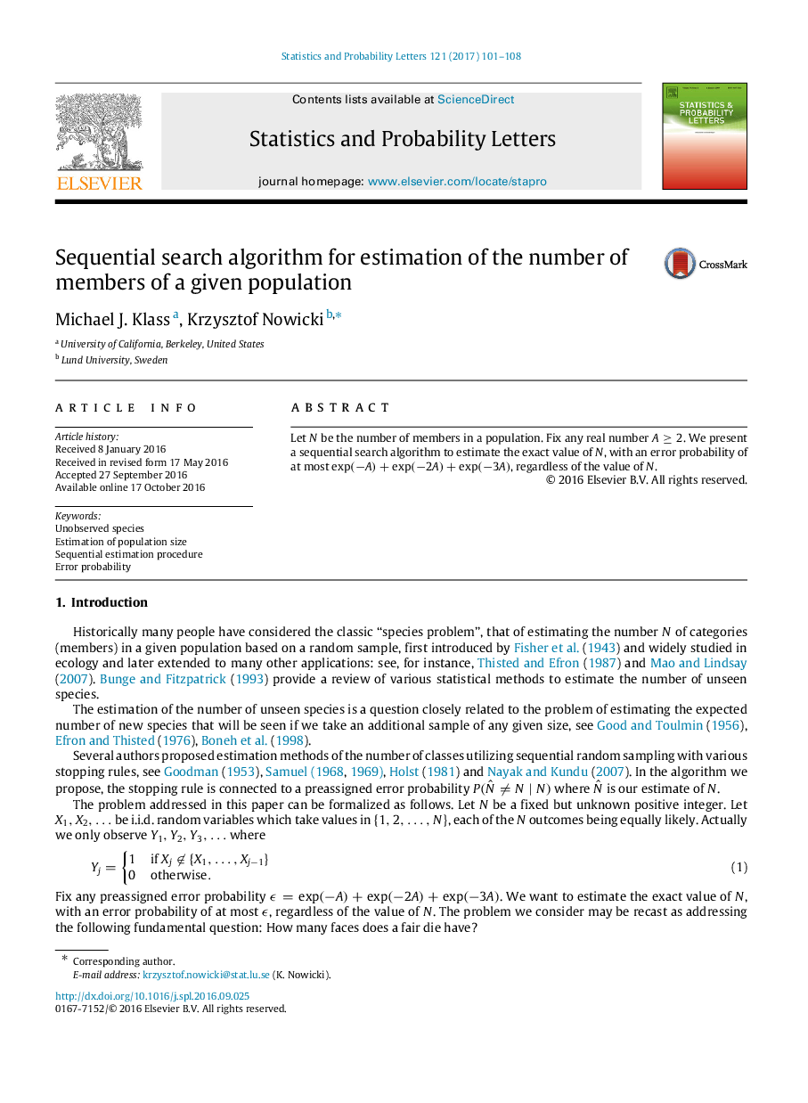 Sequential search algorithm for estimation of the number of members of a given population