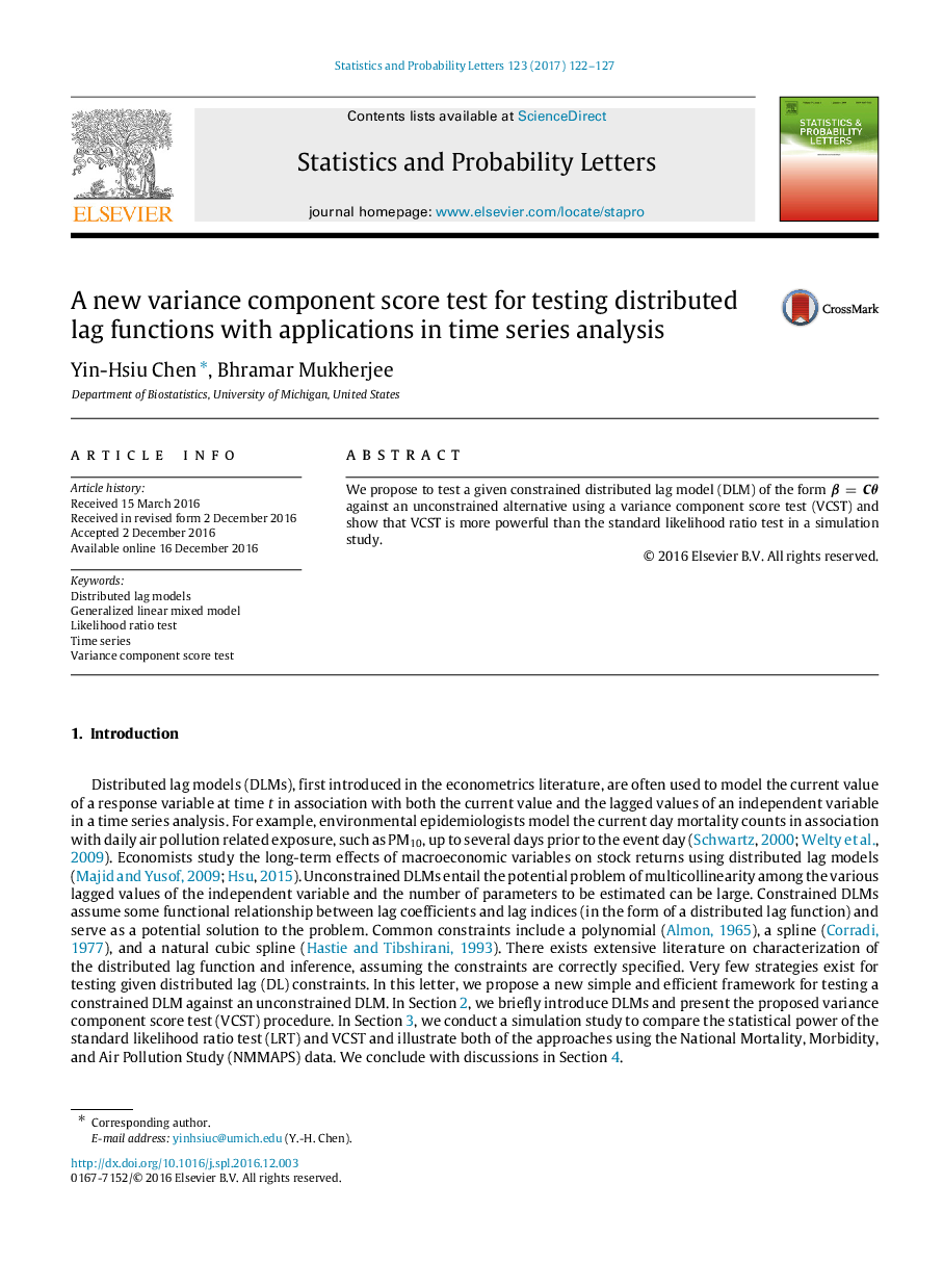 A new variance component score test for testing distributed lag functions with applications in time series analysis