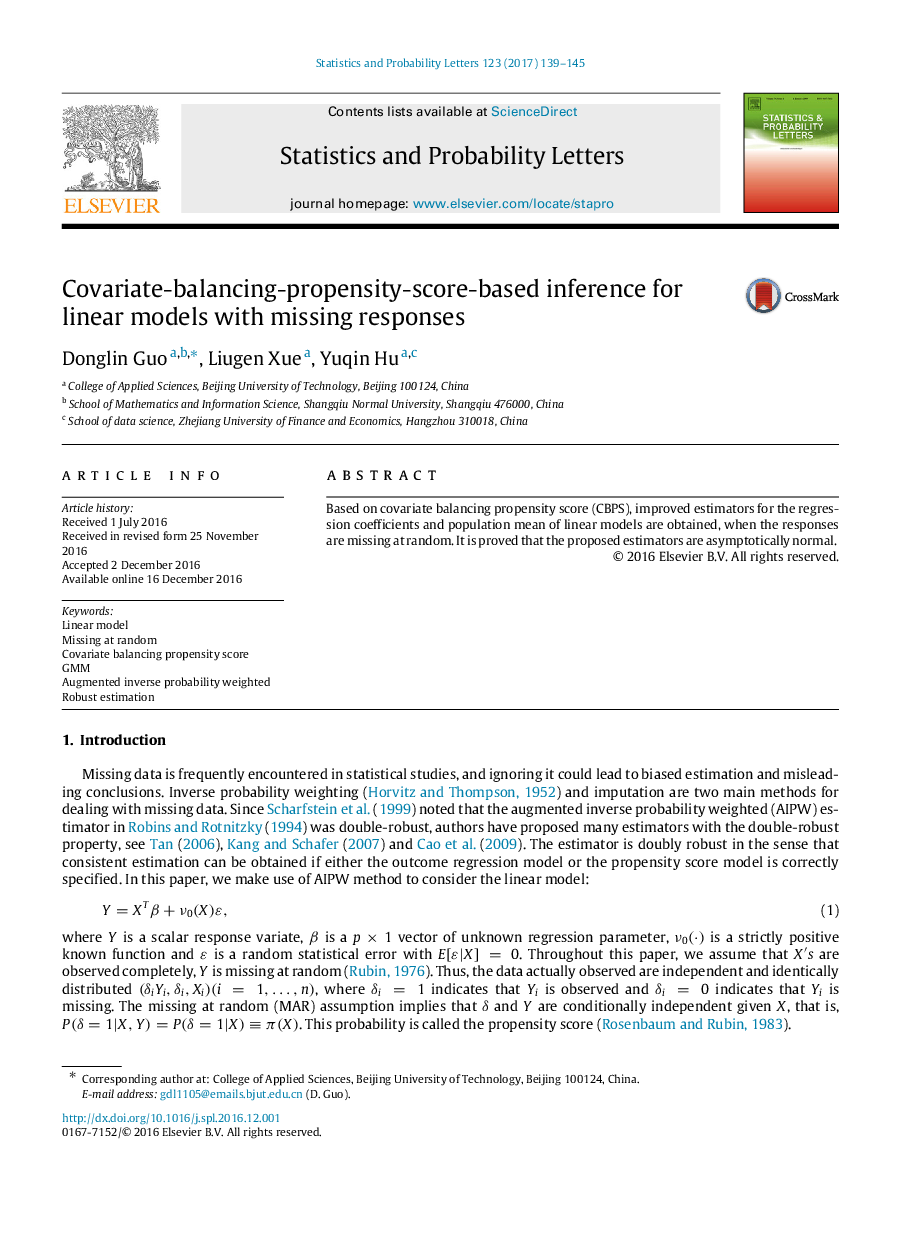 Covariate-balancing-propensity-score-based inference for linear models with missing responses