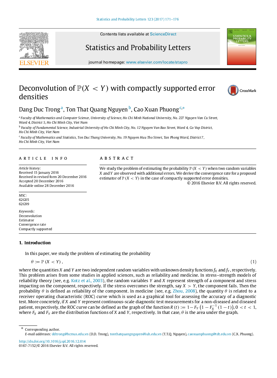 Deconvolution of P(X<Y) with compactly supported error densities