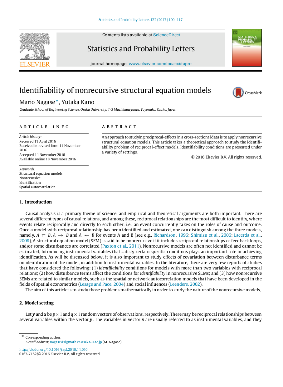 Identifiability of nonrecursive structural equation models