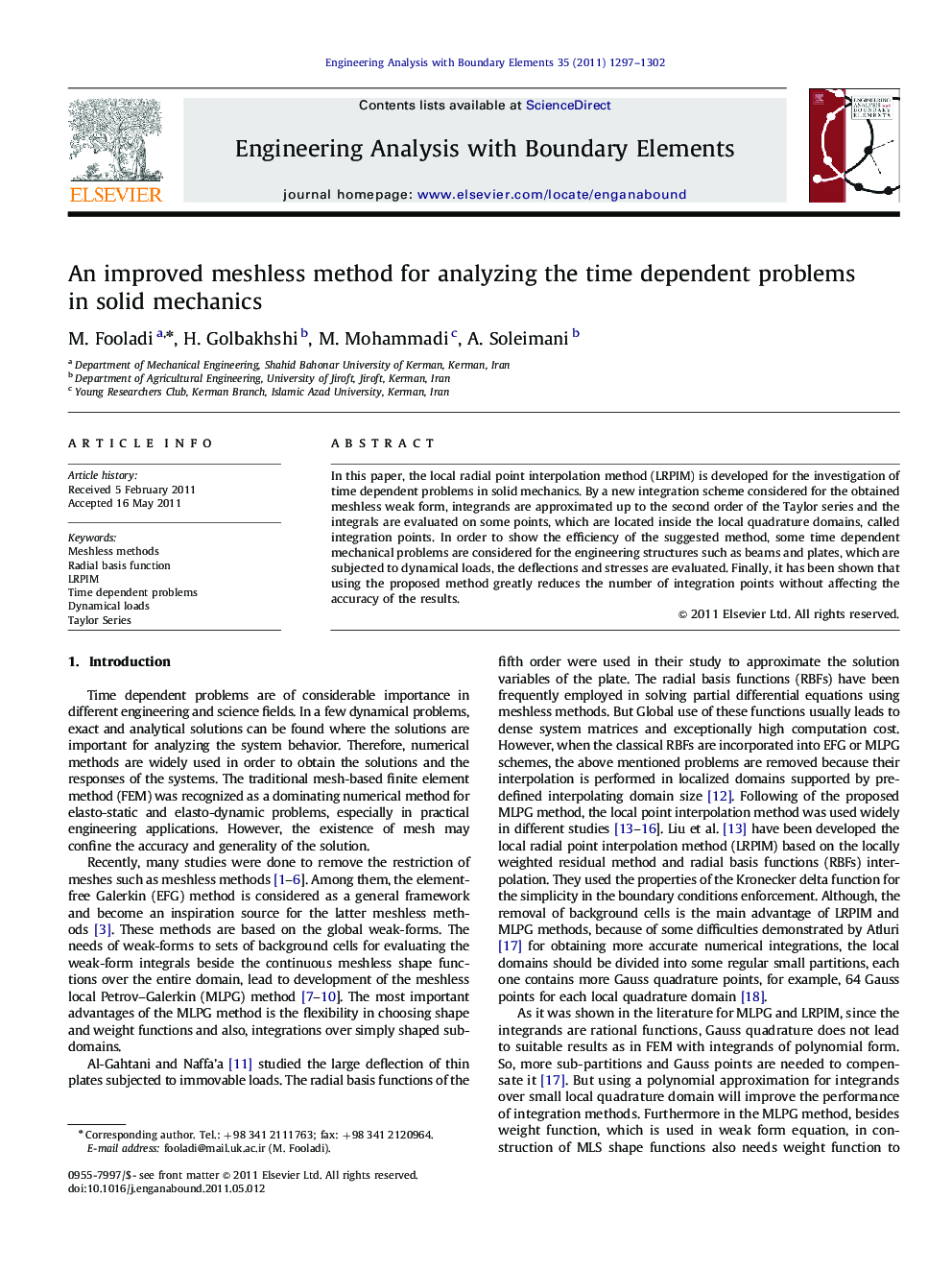 عکس صفحه اول مقاله: An improved meshless method for analyzing the time dependent problems in solid mechanics An improved meshless method for analyzing the time dependent problems in solid mechanics