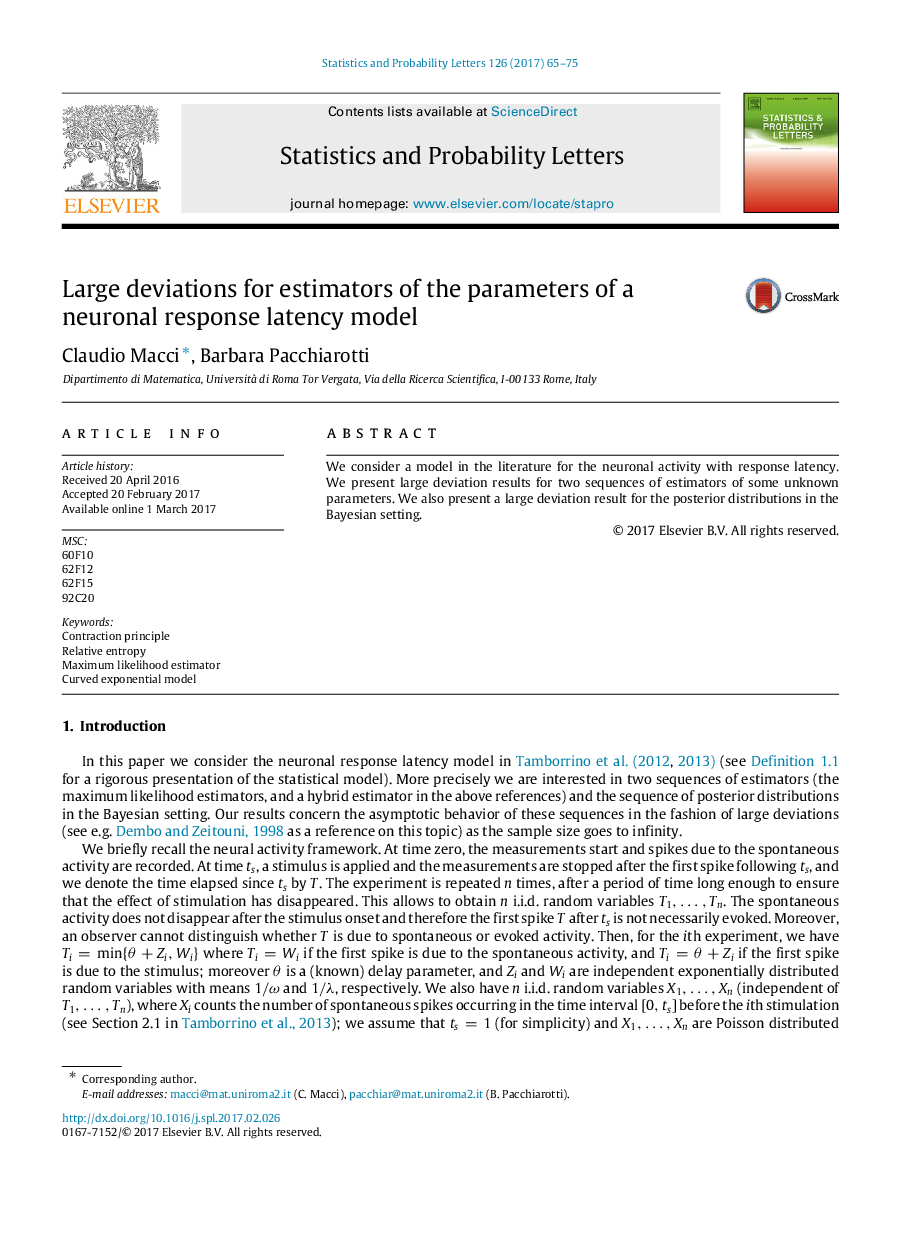 Large deviations for estimators of the parameters of a neuronal response latency model