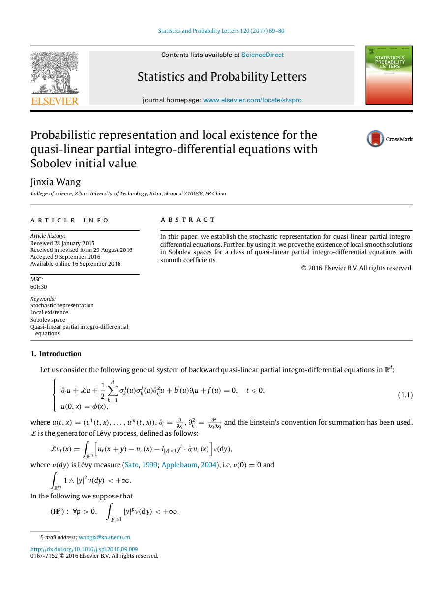 Probabilistic representation and local existence for the quasi-linear partial integro-differential equations with Sobolev initial value